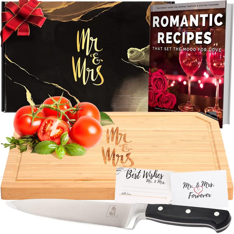 DELUXY Mr. & Mrs Cutting Board + Chef Knife- Wedding Gifts for Couples Unique 2024,Cute Bridal Shower Gift for Bride, Couples Gifts for Husband and Wife, Anniversary, Engagement Gift for Couple