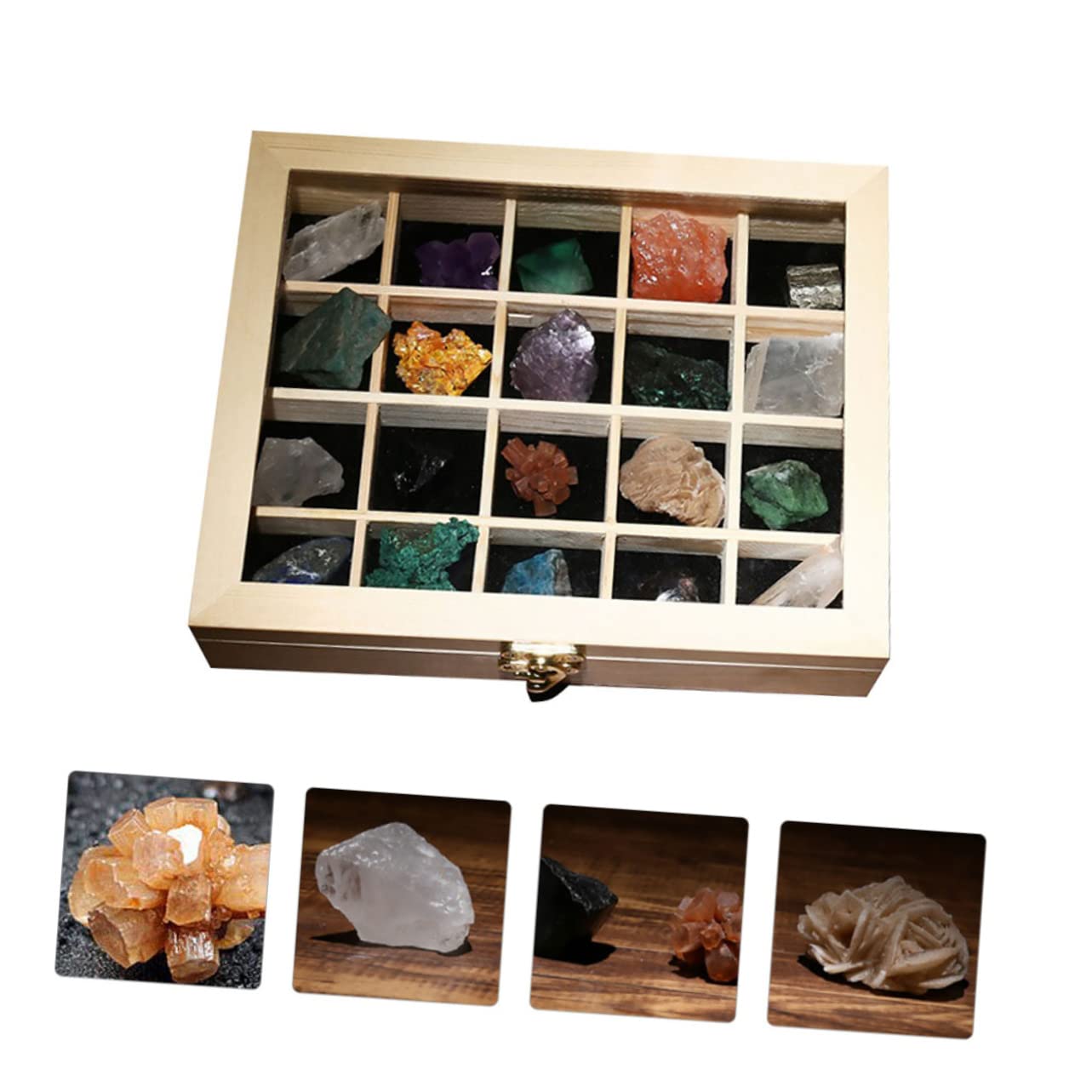 20 Stück Teiliges Mineralien Probenbox Natürliche Steinsamples für Lehrzwecke Sammlung für Enthusiasten Holzkiste für Aufbewahrung