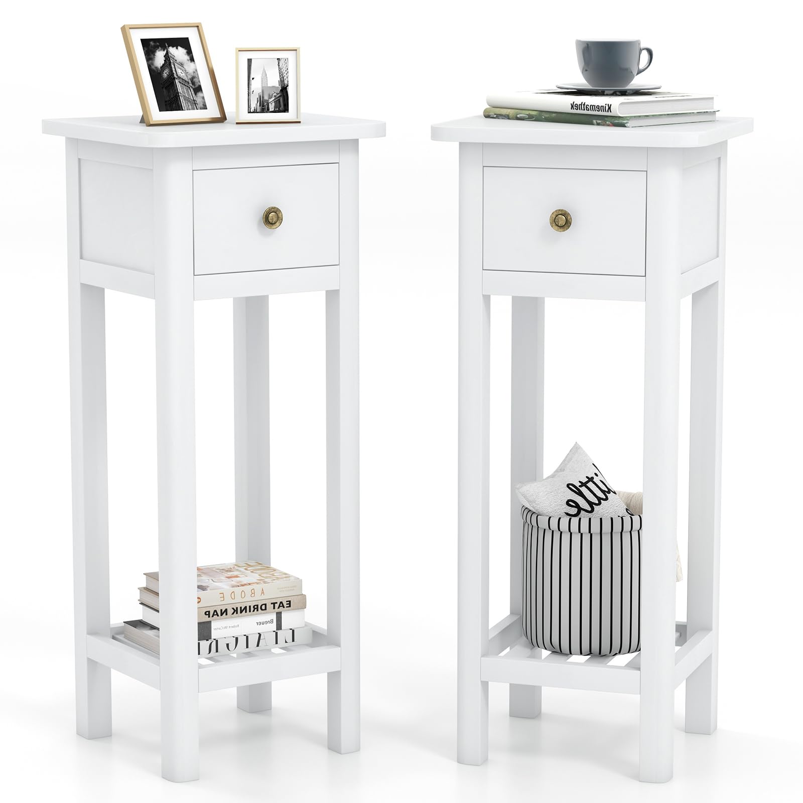 IFANNY Side Table with Drawer Set of 2, Tall Nightstand & Modern Slim Bed Side Table with Storage Shelf, Narrow End Table for Living Room, Bedroom,