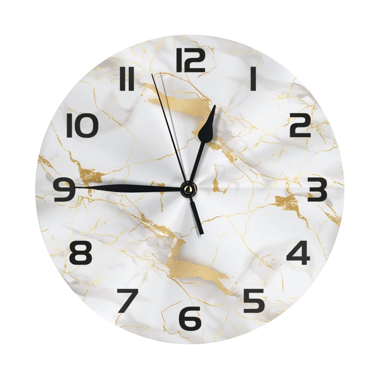 Mexpekil Lautlose Wanduhr aus weißem Gold, Marmor, nicht tickend, 25 cm, runde Wanduhren, batteriebetrieben, moderne dekorative Uhr für Wohnzimmer, Küche, Schlafzimmer, Büro