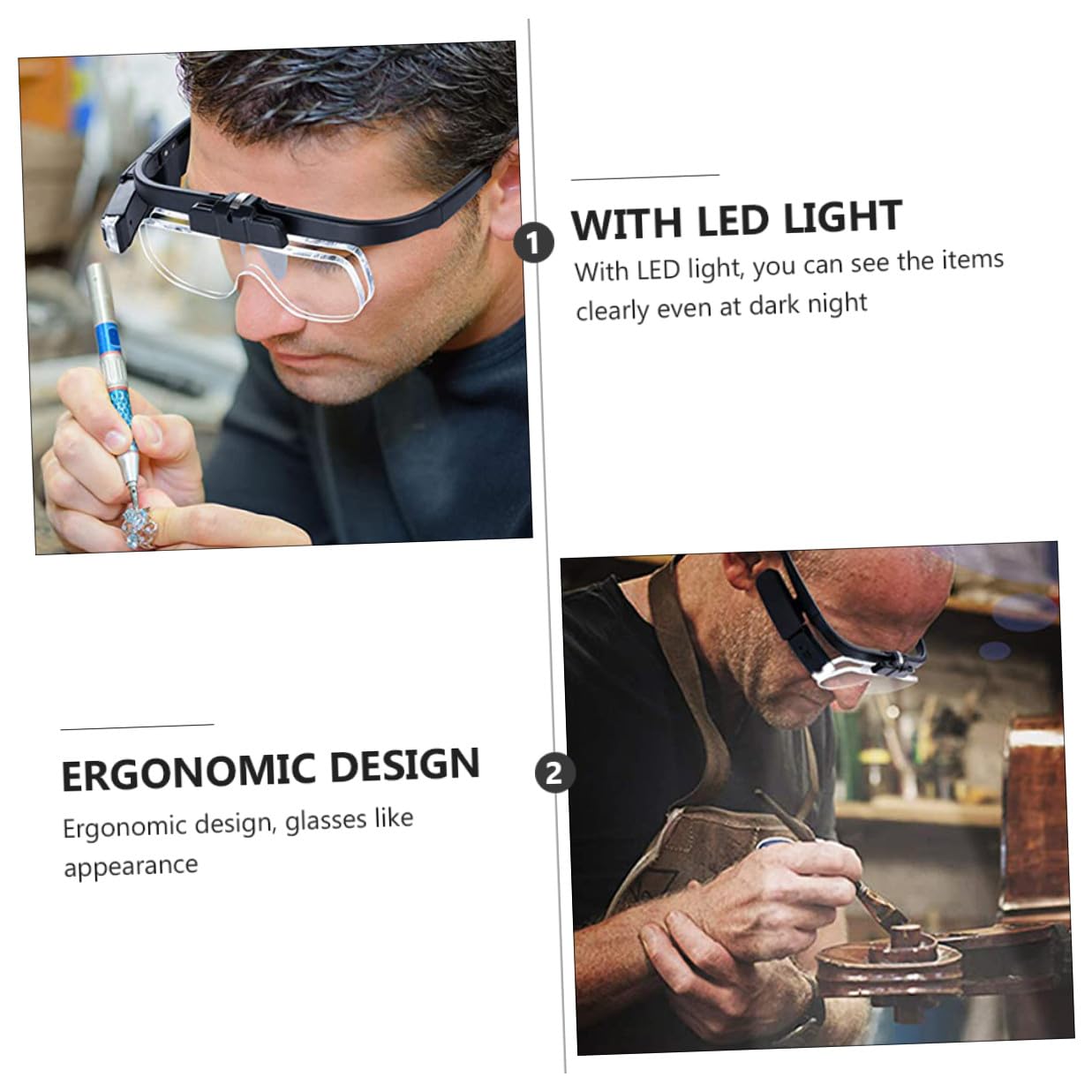 TEHAUX Gafas de Lectura Lupa y Luz LED Recargable, Diseño Ergonómico, Lente Óptica Acrílica y Accesorios Metálicos para Trabajo de Precisión y Lectura
