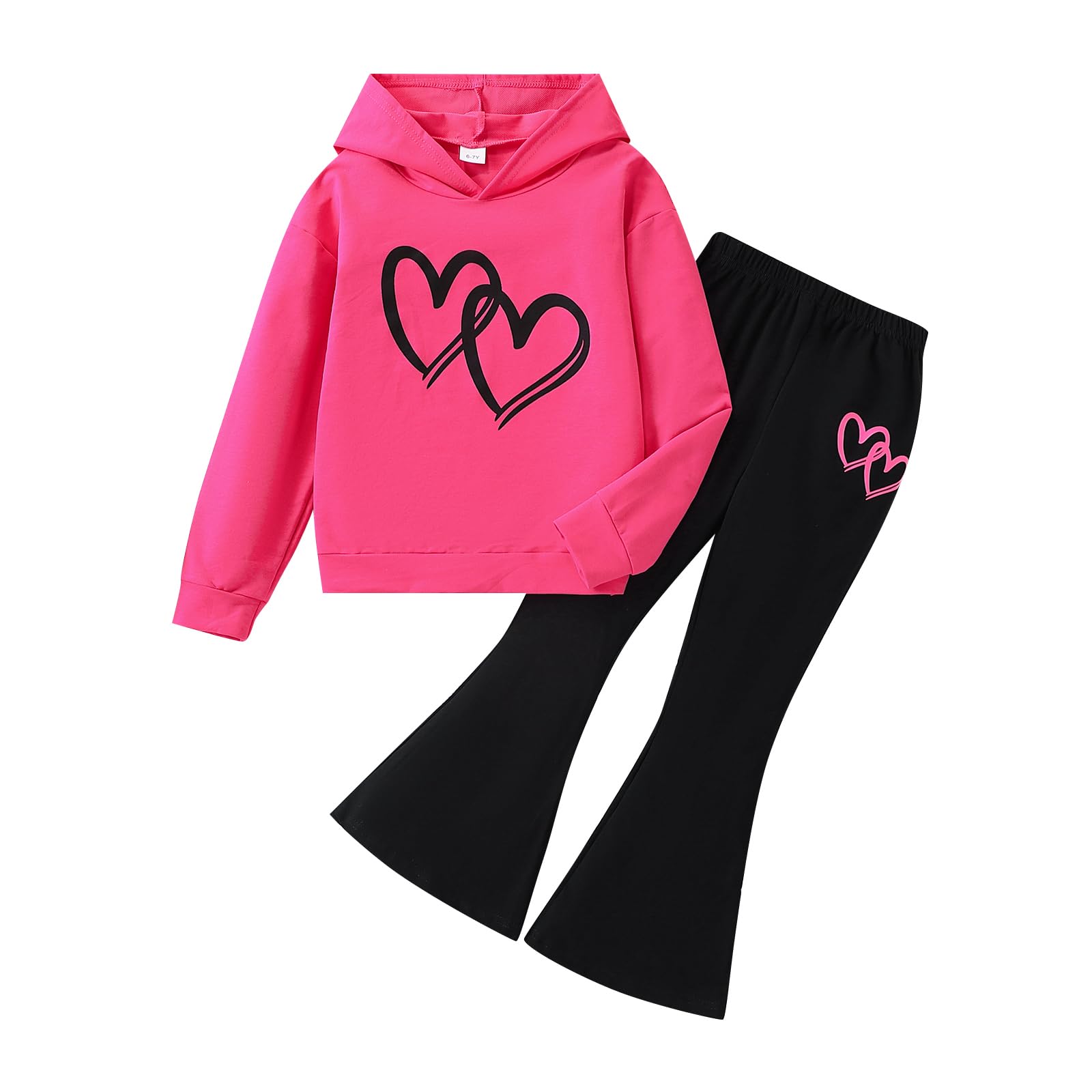 6-13 Years Girls Clothing Heart Print Hoodie Top + Heart Print Flare Leg Pants 2PC Clothing Set