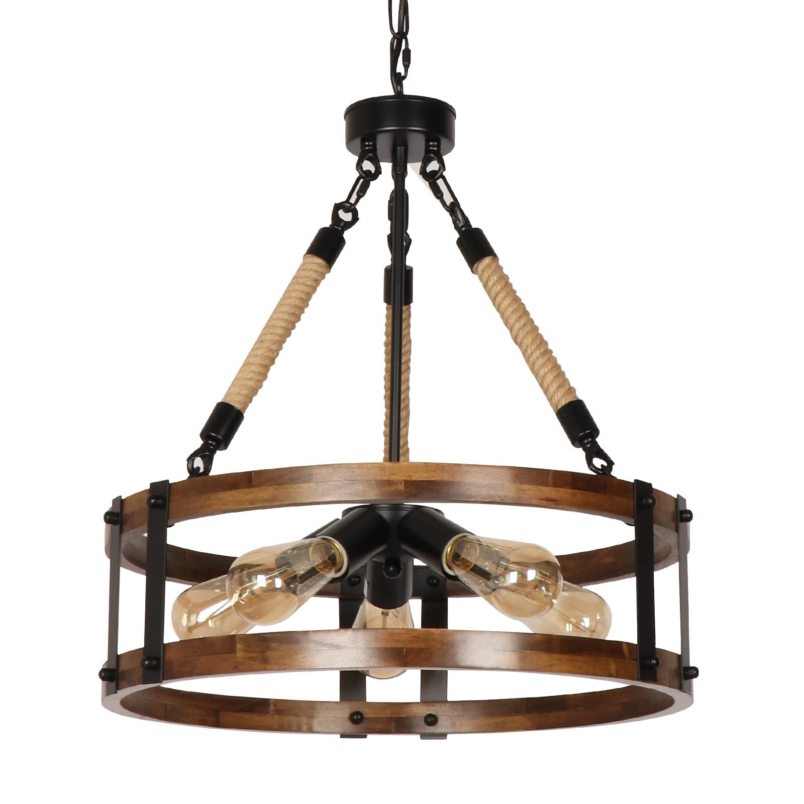 Photo 1 of Voguad Farmhouse Rustic Chandelier Light Fixture, 5-Light Round Wooden Chandelier, Decorative Lighting Fixture for Dining Room Kitchen Island Breakfast Area Brown