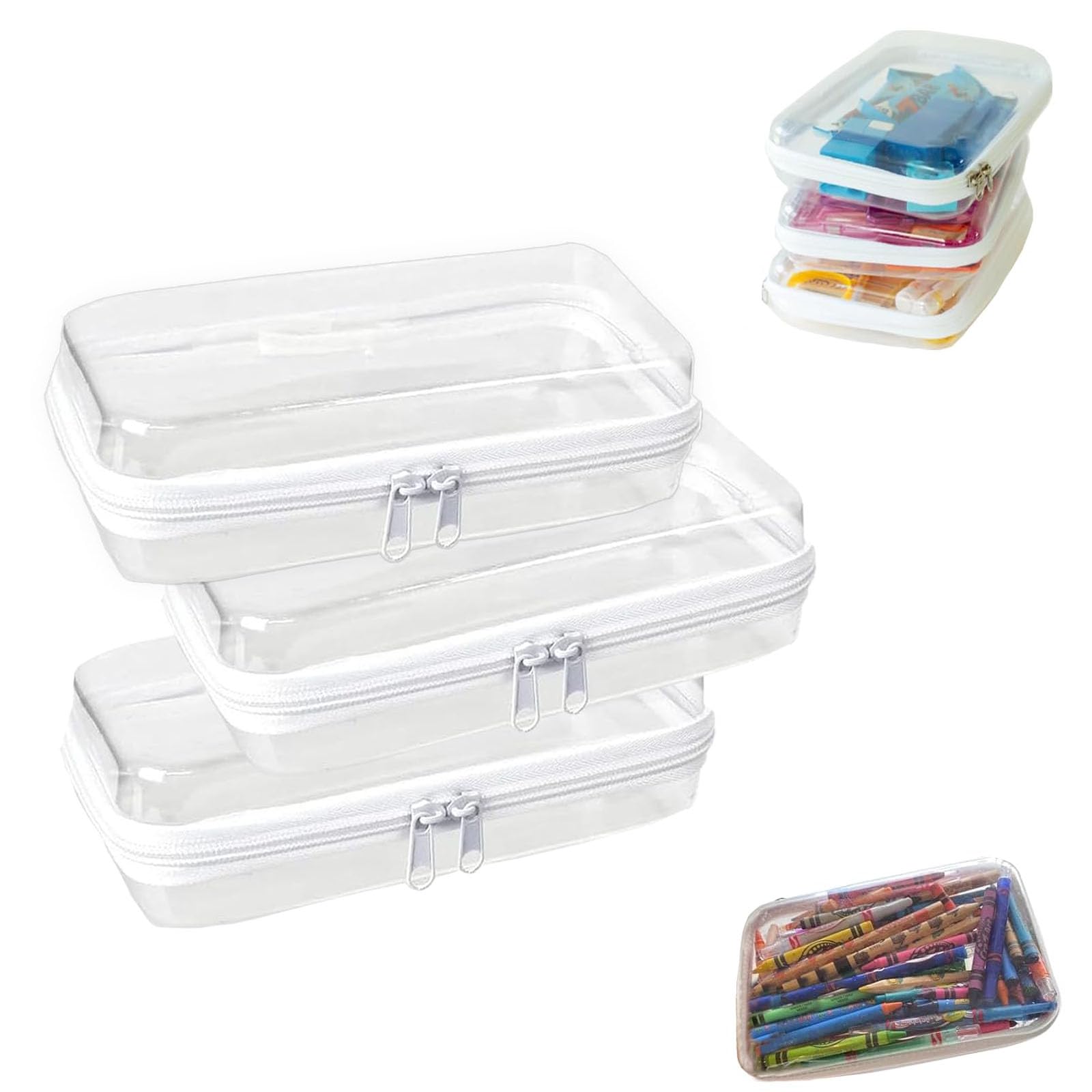 3 Pack Clear Hard Plastic Zipper Case，Transparent Double Zippers Hard Pouch，Travel Makeup and Cosmetic Bag of Durable PVC，Portable Travel Organizer Bin for Toy Storage