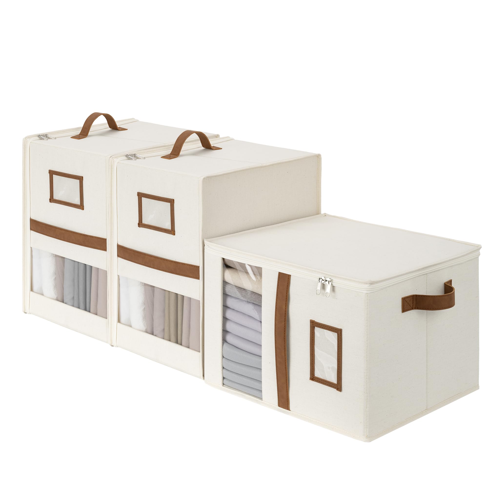 StorageWorks 3-Pack Bed Sheet Organizers and Storage, Foldable Bedsheet Holder for Linen Closet, Bedding Container with Handle, Beige, 15