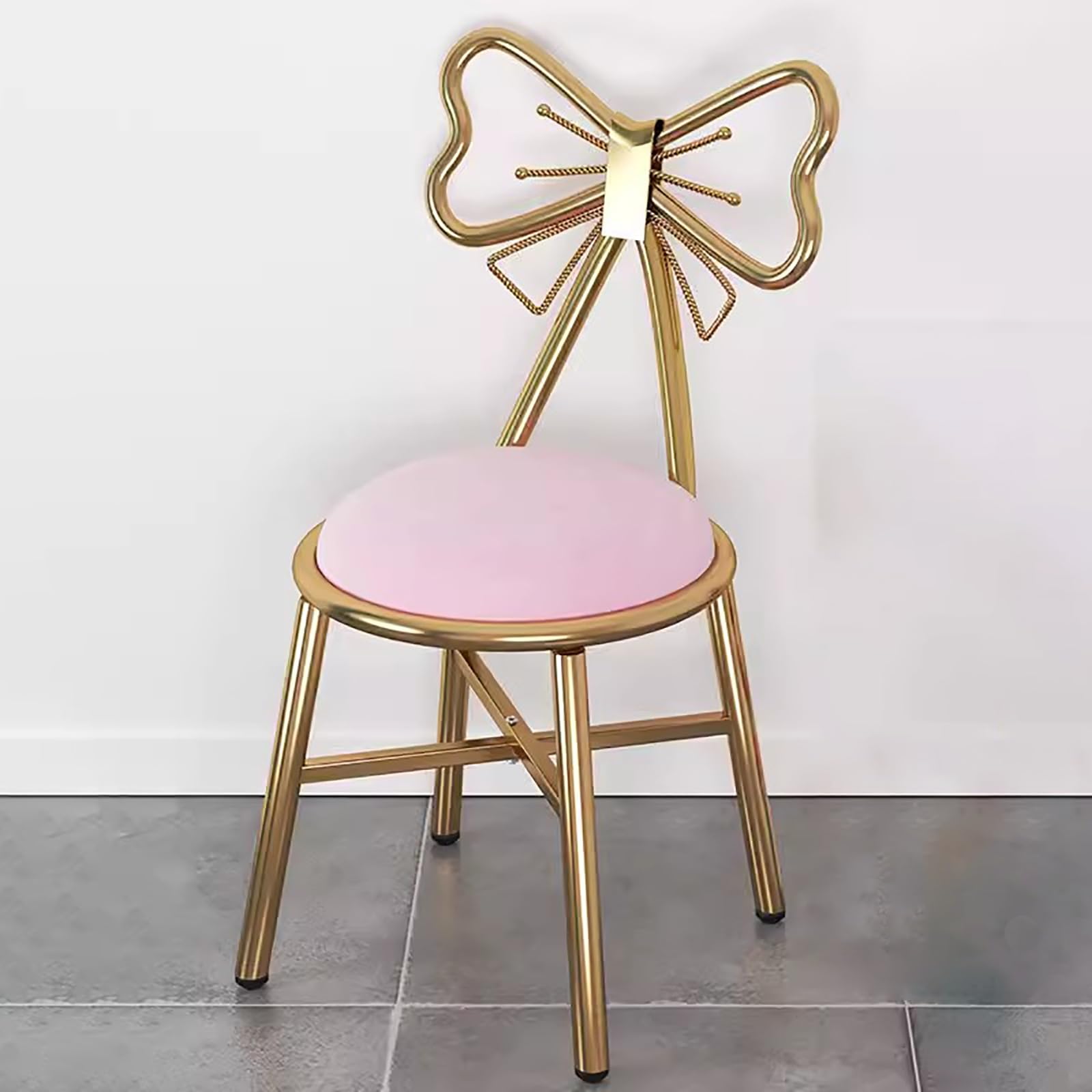 Silla de Maquillaje con Respaldo de Hierro Forjado, Multifuncional, con Lazo de Mariposa, para Dormitorio, Sala de Estar, Cocina (Color: Rosa)