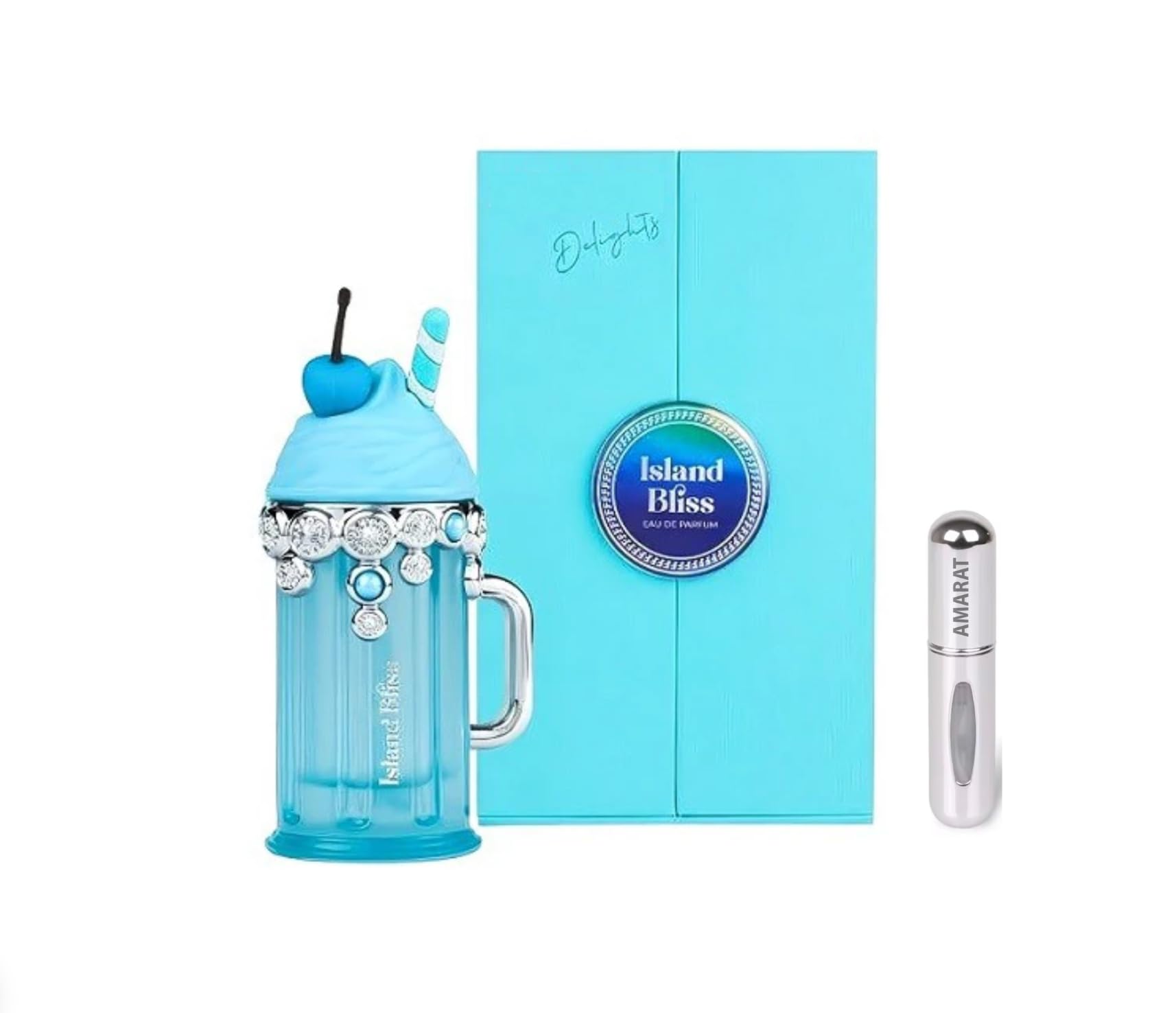 Perfume Island Bliss Eau de Parfum 100 ml, Perfume Árabe para Mujer de Larga Duración, Incluye Atomizador Recargable 5ML, Fragancia Tropical con Notas de Coco, Vainilla y Flor de Azahar (Island Bliss)