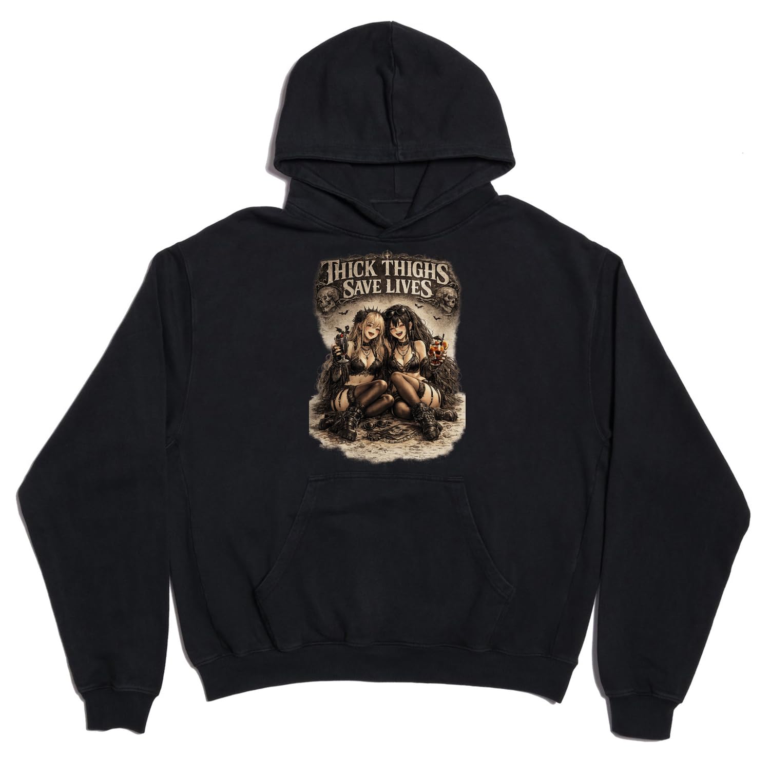 Gotyckie damskie cieszące się ciemnymi napojami unisex oversize ciężka mieszanka bawełny bluza z kapturem czarna