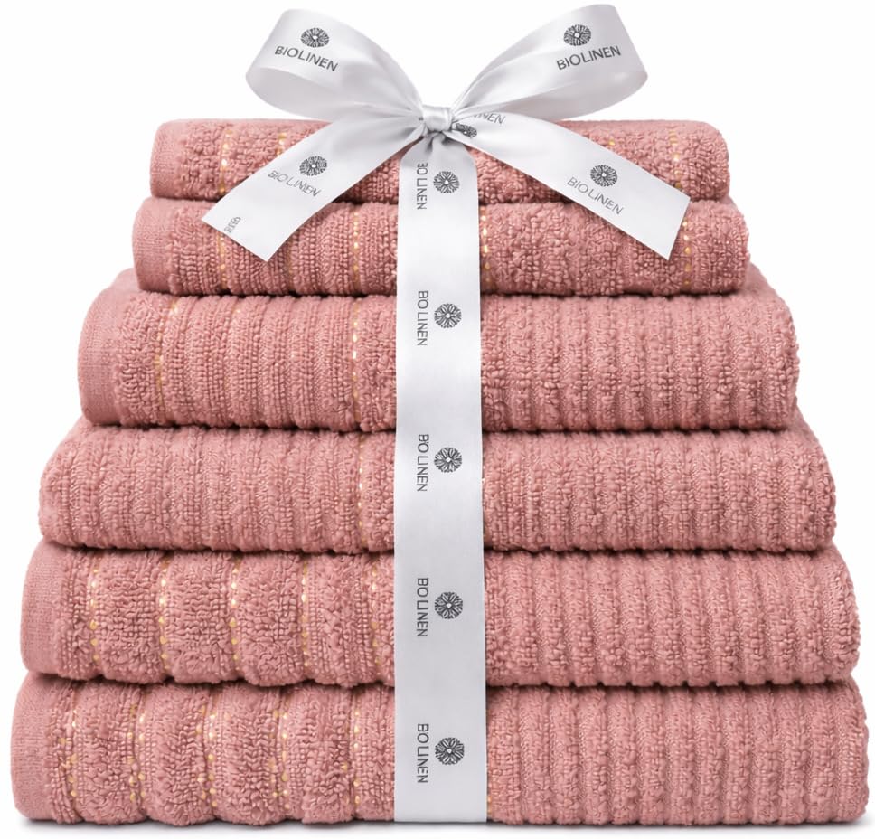 BIOLINEN 6-Piece Luxury Towel Set Rose 2 Bath Towels, 2 Hand Towels, 2 Washcloths Soft Absorbent Cotton Towel Pack for Bathroom, Home, Gym & Travel