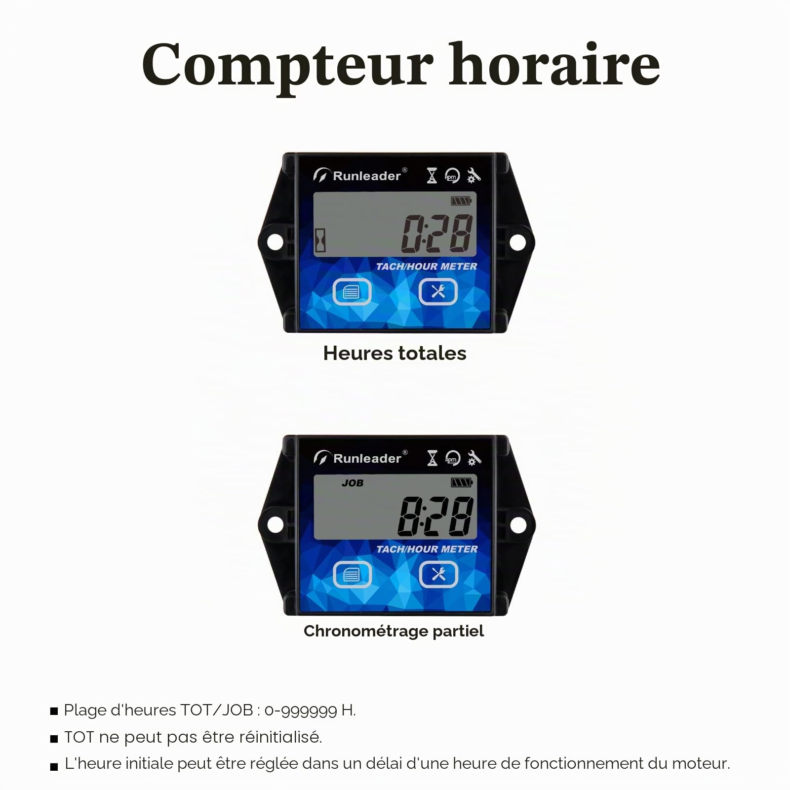 Compte Tour Compteur Heure Maintenance Meter avec Rétro-éclairage Utilisation Imperméable à l’eau pour Tondeuse à Gazon Moto hors-bord Moteur Générateur Souffleuse à Neige