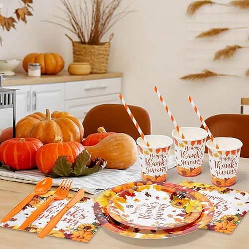 Miniatura 6 de Platos de Acción de Gracias, plato de papel desechable de Acción de Gracias, decoraciones de mesa de Acción de Gracias, sirve 24 juegos de vajilla