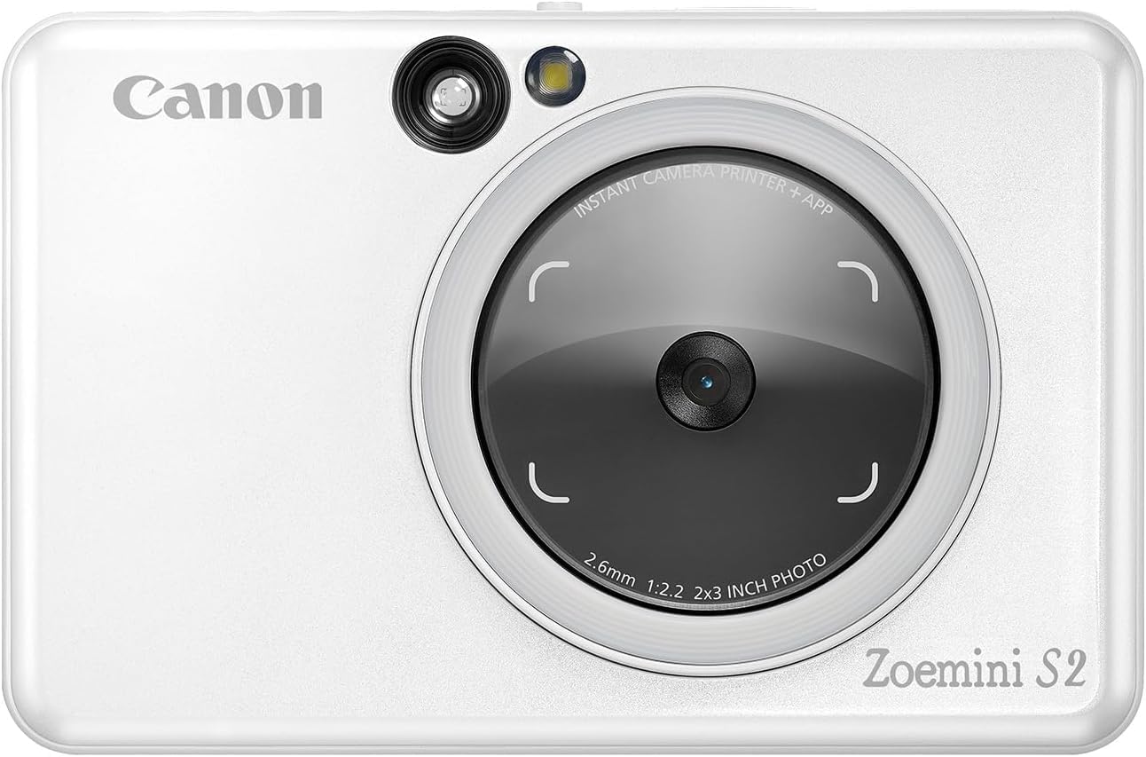 Canon Zoemini S2 Mini Sofortbildkamera + Fotodrucker mobil tragbar unterwegs Hosentasche (Fotodruck 5x7,6 cm, kabelllos, eingebauter Akku, Canon App, Bluetooth) perlweiß [+ 10er Zink Druck-Set]