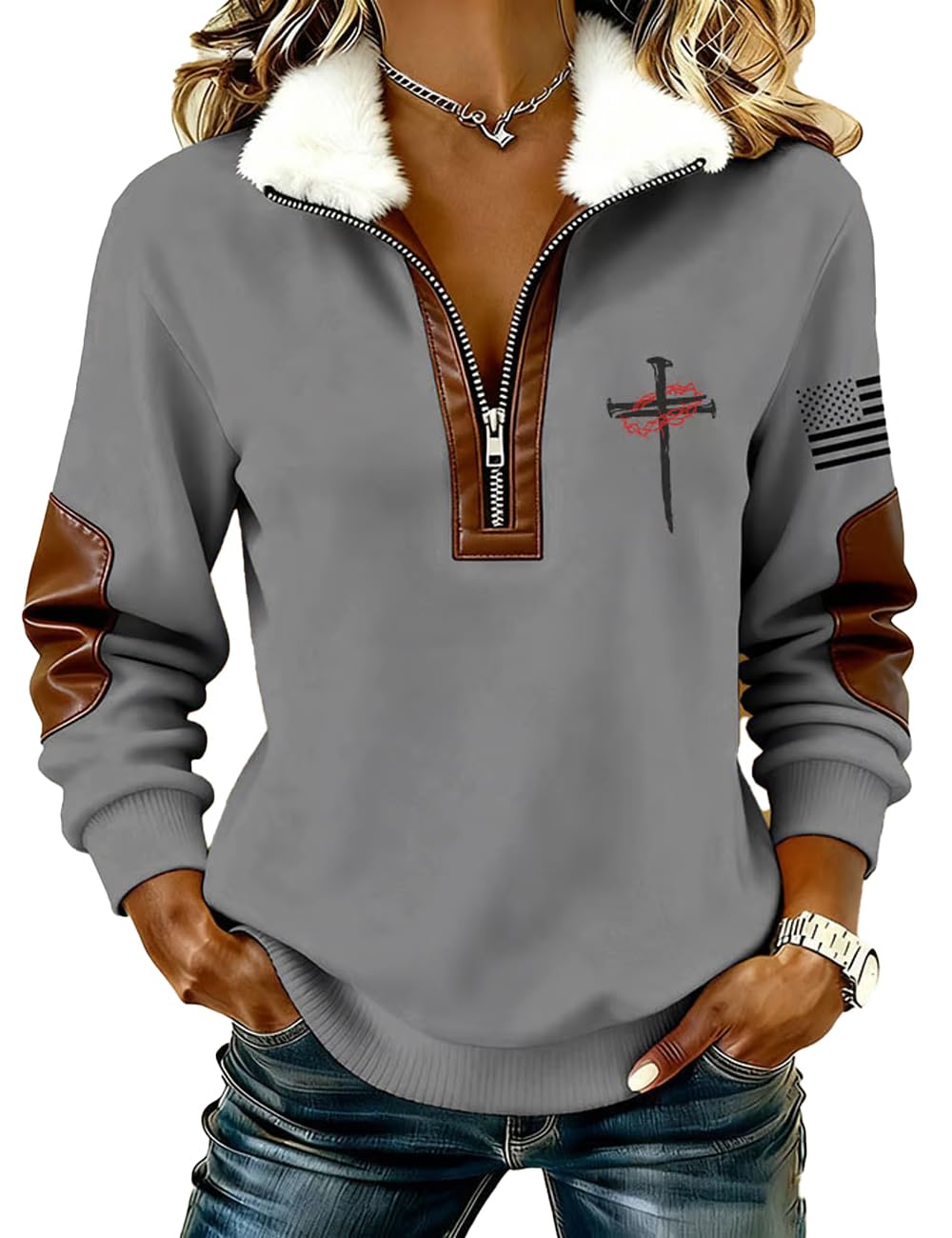 Womens Casual Retro Faith Print Patchwork Fur Collar Long-Sleeve Women