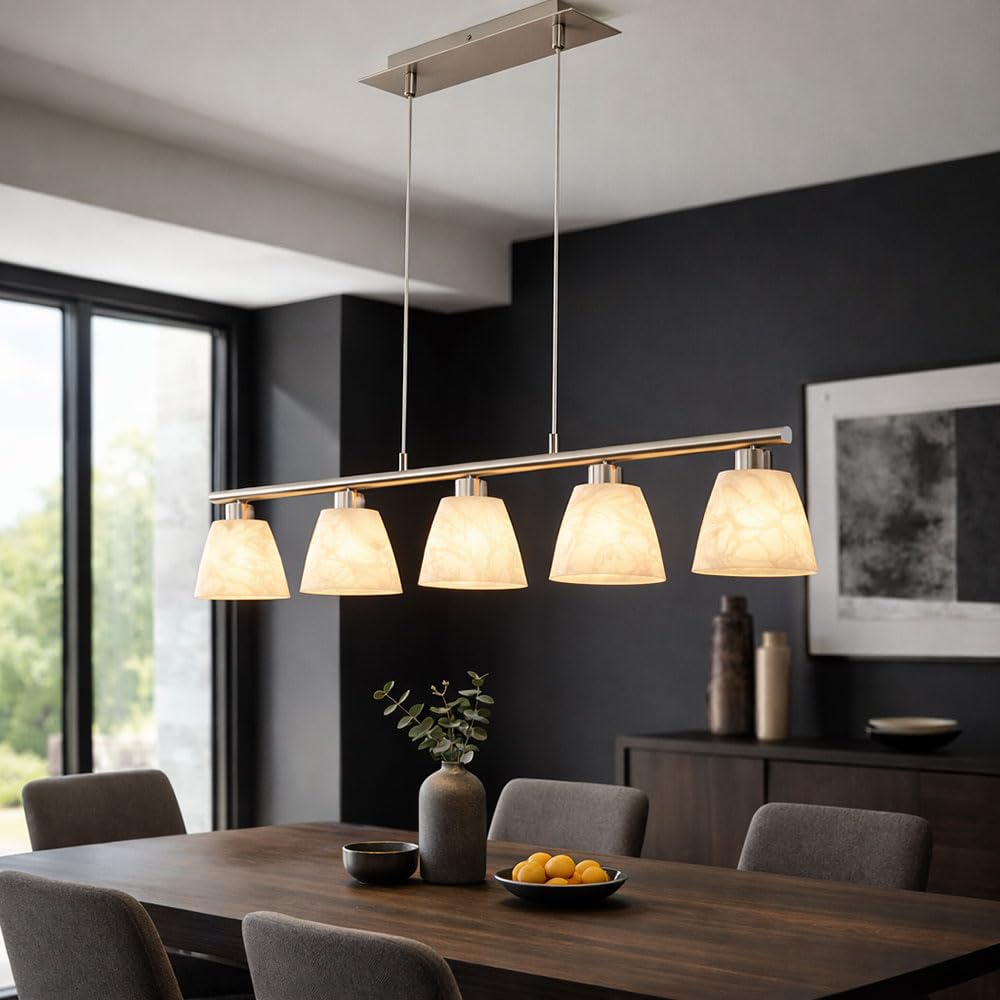 Esstischlampe Hängelampe Esstisch Hängeleuchte silber höhenverstellbar, 5 flammig, Metall nickel Glas weiß, 5x E14 Fassungen, HxLxB 120x93x13cm