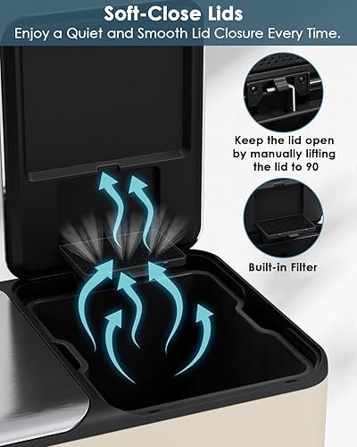 Miniatura 3 de Arlopu Cubo de basura doble de 16 galones con 2 cajas integradas para control de olores, cubo de basura de cocina manos libres, cubo de basura de
