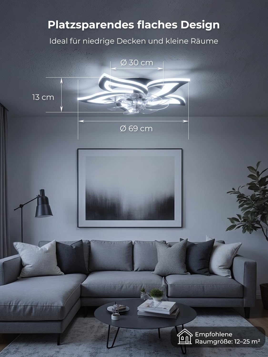 Deckenventilator mit Beleuchtung Kompatibel mit Alexa und Google Assistant, Deckenlampe mit Ventilator Leise, Sommer Winter Betrieb DC Motor, Dimmbar, für Schlafzimmer, Schwarz