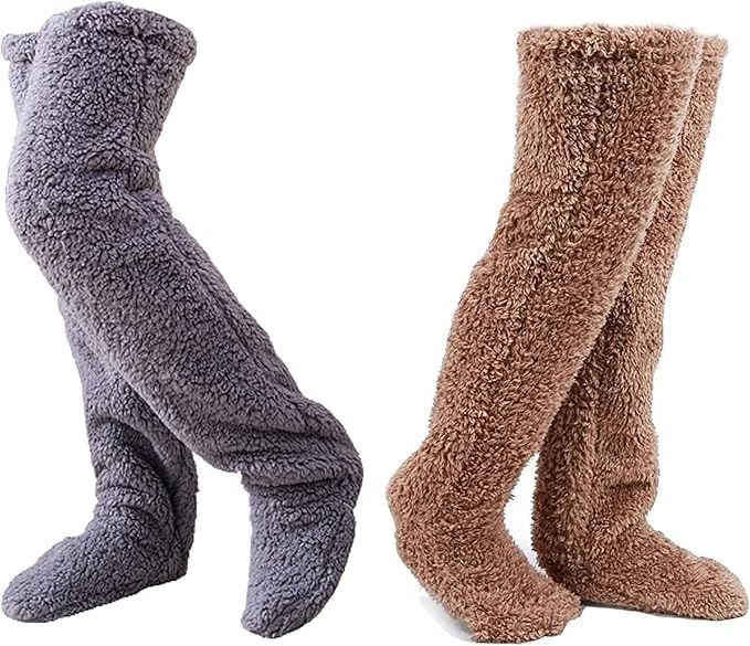 Fuzzy Socks for Women, Cozy Over The Knee Sleeping Socks, Teddy Leg Plush Warmth Long Slipper Stockings (2PC)