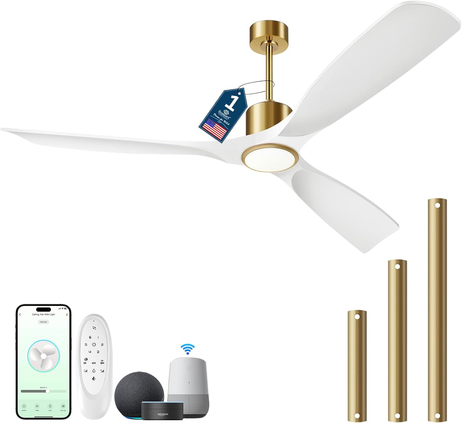 60 Inch Modern White and Gold Ceiling Fan with Lights, 3 Blade, Energy Efficient DC Motor, Smart App & Remote Control, 7230 CFM, 6 Speeds, 3 Light Colors, Indoor/Outdoor Gold White 60 INCH
