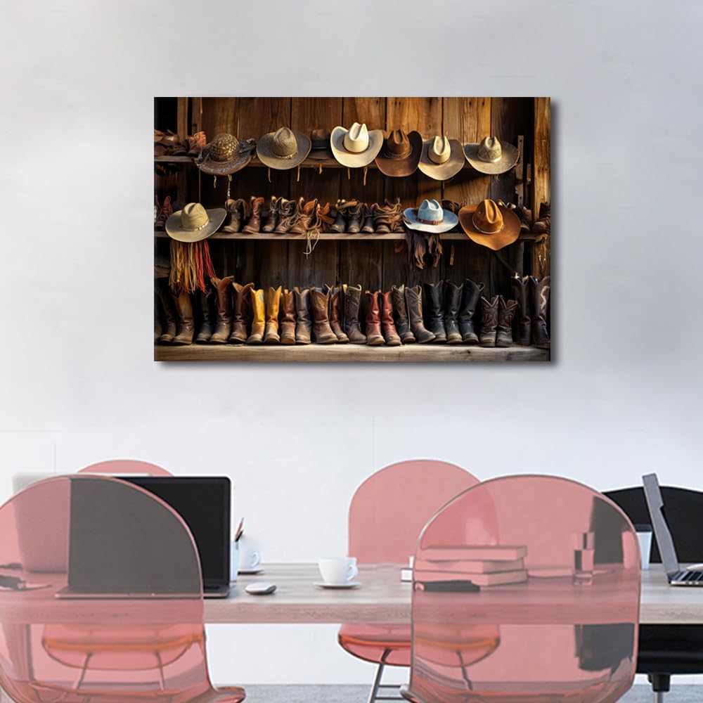 1 Panel Wall Art for Living Room Wooden Shelf with Cowboy Hats and Boots Pictures Print on Canvas for Home Office Wall Decoration Wooden Framed Gallery-Wrapped Ready to Hang - Image 4