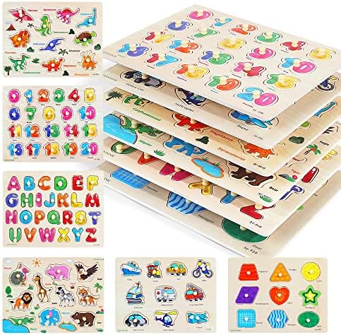 GRINNNIE Wooden Peg Puzzle for Toddlers, 6 Pack Toddler Puzzles Set for 3 4 5 Years Old (Alphabet Number Shape Animal Dinosaur Vehicle), Preschool Education Learning Puzzle Toys for Girls and Boys