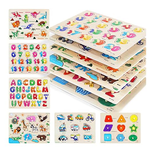 GRINNNIE Wooden Peg Puzzle for Toddlers, 6 Pack Toddler Puzzles Set for 3 4 5 Years Old (Alphabet Number Shape Animal Dinosaur Vehicle), Preschool Education Learning Puzzle Toys for Girls and Boys