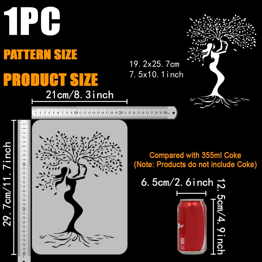FINGERINSPIRE Woman Tree Stencil for Painting 21x29.7cm Reusable Tree of Life Drawing Template Tree Woman Grace Pattern Painting Stencil Hollowed Plant Theme Template for DIY Crafts Projects - Image 2