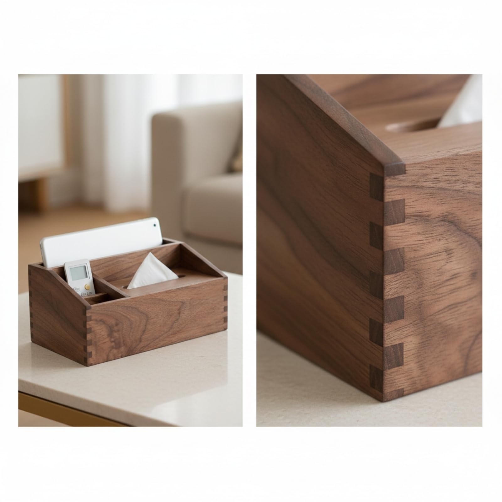 Baoblaze Portatovaglioli Multipuso Porta Fazzoletti Scatola Organizer Contenitore Portapenne in Legno con Sezioni Laterali per Penne Utensili E Telecomandi per Tavolo Salotto, Nero Noce Americano