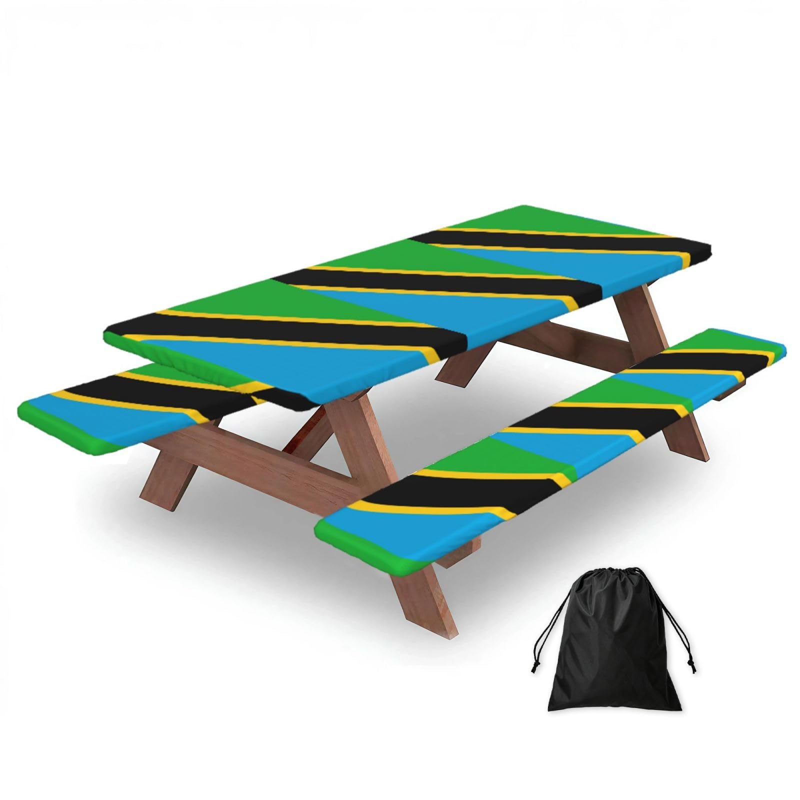 Hhbiuuo Black 72In Camping Table Cover & Bench Covers 3-Pack Set, Tanzania Flag Print Tablecloths, For Rectangle Tables Picnic