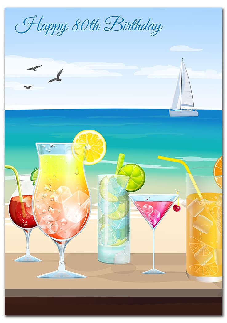 Extra Large 80th Birthday Card for Women - XL Big thick A4 size - Special Age Year - Cocktails Drink Beach Bar Cool Art - Beautiful Female Greeting Her Huge Happy Wishes Nice - UK Eco-Friendly — image 1