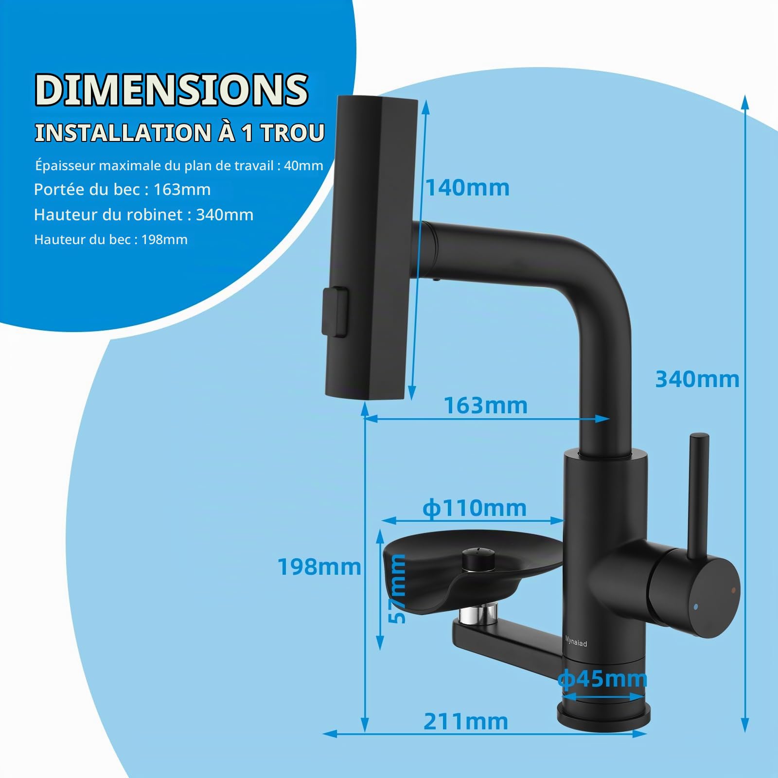 Robinet Cuisine Noir Lave-verres Mitigeur Extractible à 3 Modes de Sortie | Mitigeur Mynaiad Robinet Cuisine Douchette Lave-verres, 3 Flux, Rot 360°, Acier 304 Brossé Adapté Cuisine, Bar, salle de Bain