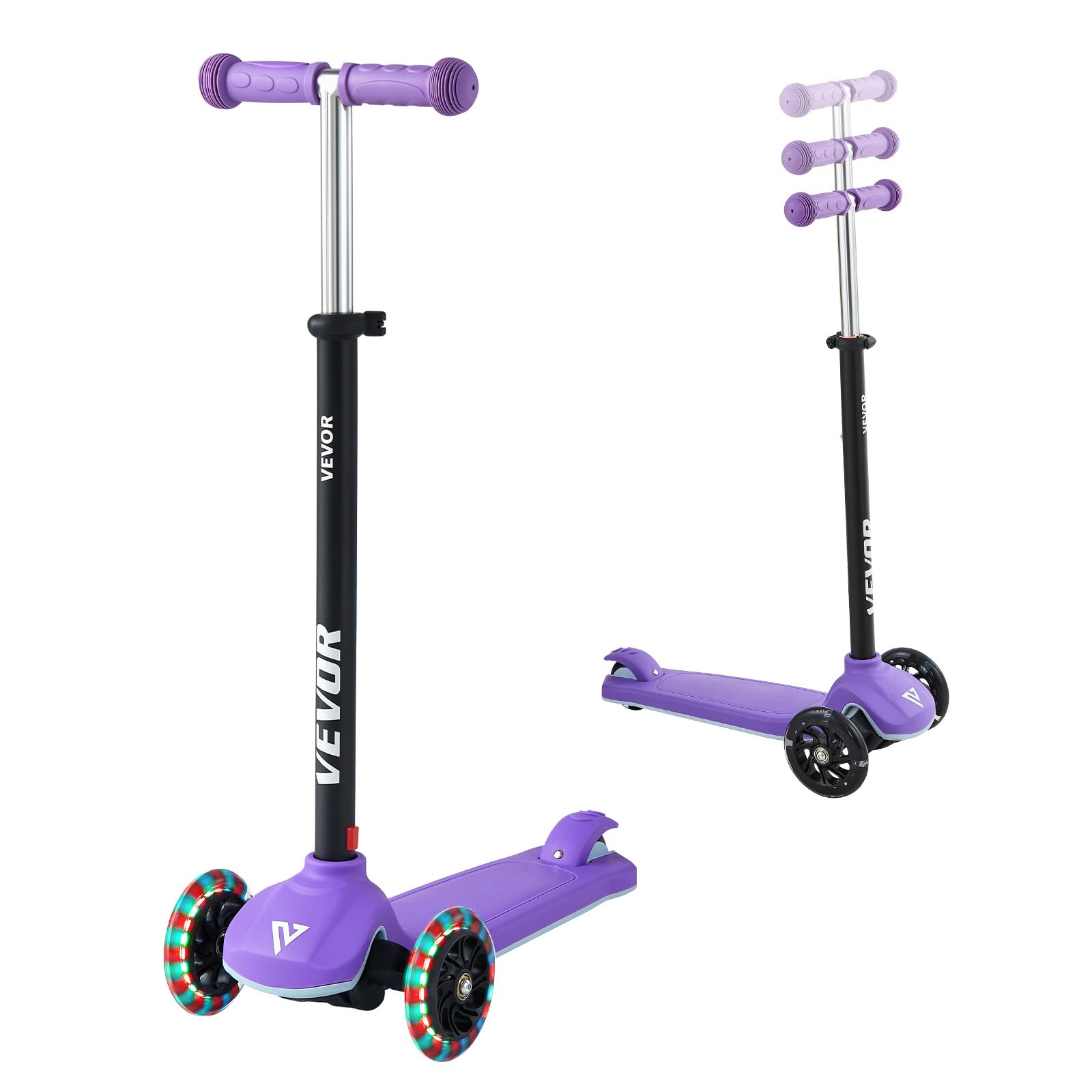 VEVOR 3-Wheel Scooter for Children 3 Years and Up, Illuminated Wheels, Adjustable Height Handlebar, Non-Slip Base and Lightweight Aluminium Frame, up to 75 kg, Purple, 520 x 250 x 800 mm