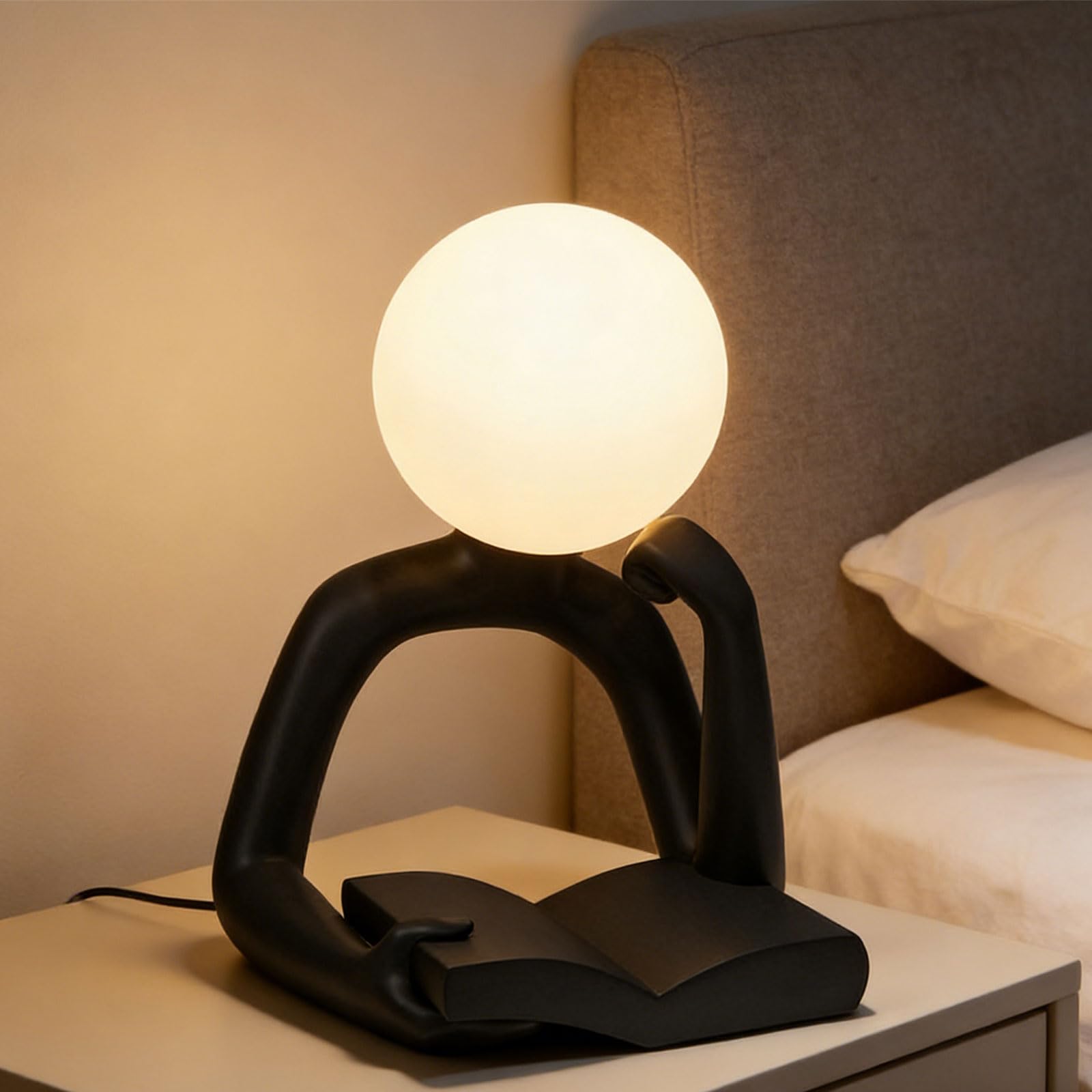 Lampada da scrivania con statuetta lettura artistica, Black | Lampada da scrivania moderna a forma personaggio in resina, decorazione da comodino, luce duratura,