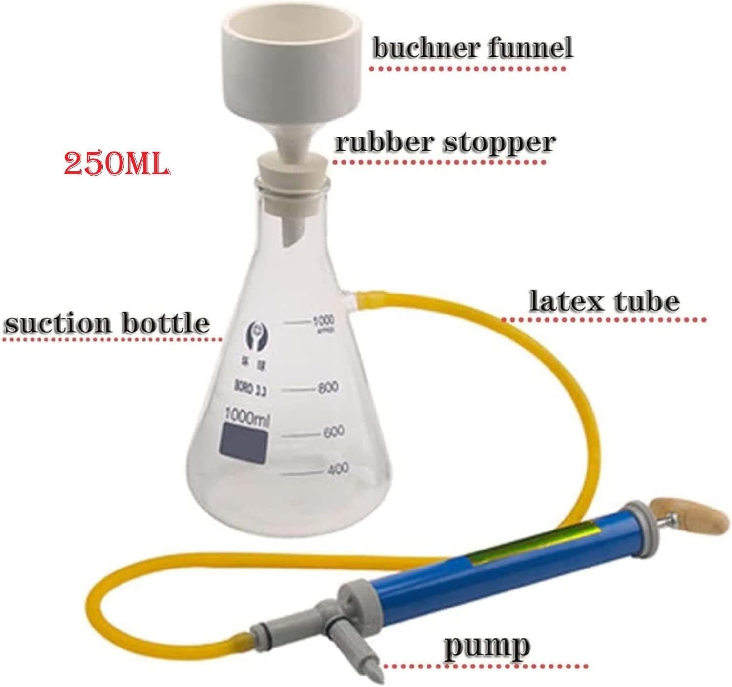 Filtro de succión al vacío de vidrio de 250 ml, aparato de destilación de filtración al vacío de laboratorio con embudo y bomba de filtro de succión de vidrio para reducir la presión en el experimento