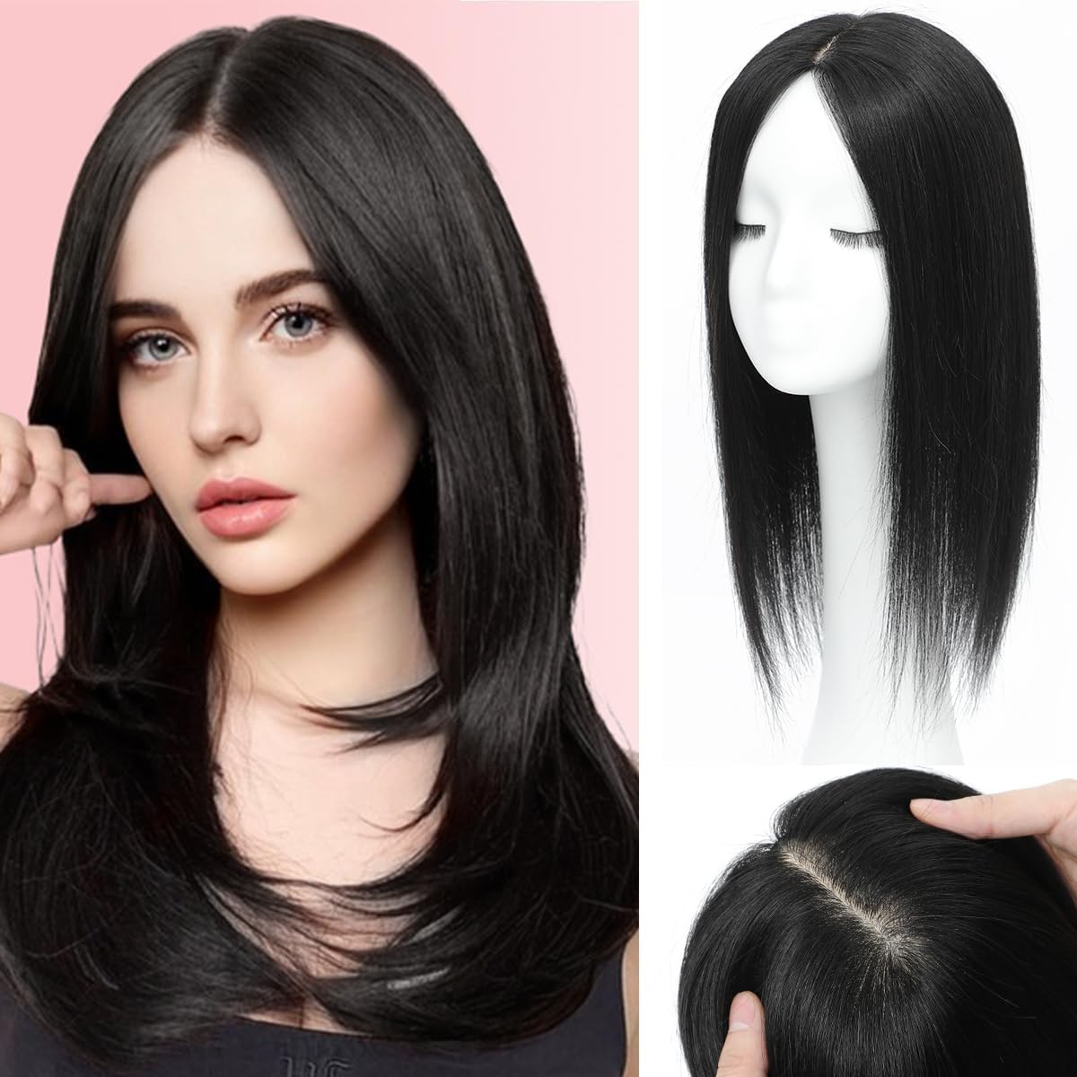 HAIR WALA™ 4 x 4 Inch Silk Base, 4 Clips Hair Toppers Hair Extension for Thinning Hair & Grey/White Hairs for Women,18 Inches Long, Jet Black Color (Black)