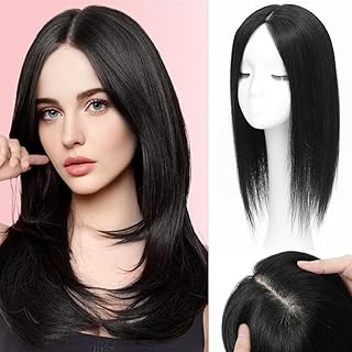 HAIR WALA™ 4 x 4 Inch Silk Base, 4 Clips Hair Toppers Hair Extension for Thinning Hair & Grey/White Hairs for Women,18 Inches Long, Jet Black Color (Black)