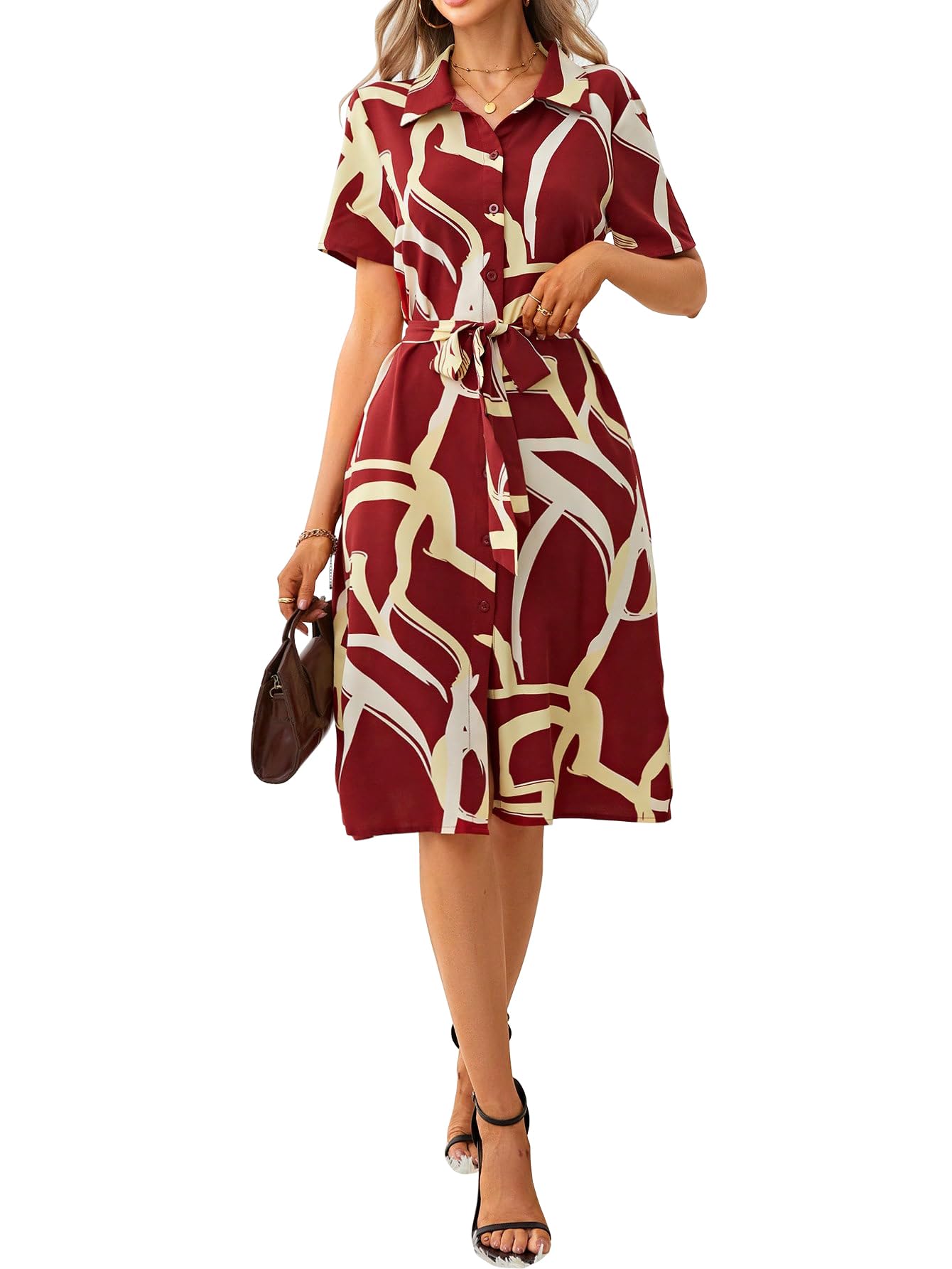 Shasmi Women's & Girl's Dress For Women L One Piece Dress For Women L Beach Dress For Women, Solid Printed Tie Front Collared V Neck Midi Dress (Dress 116 Maroon-2Xl)