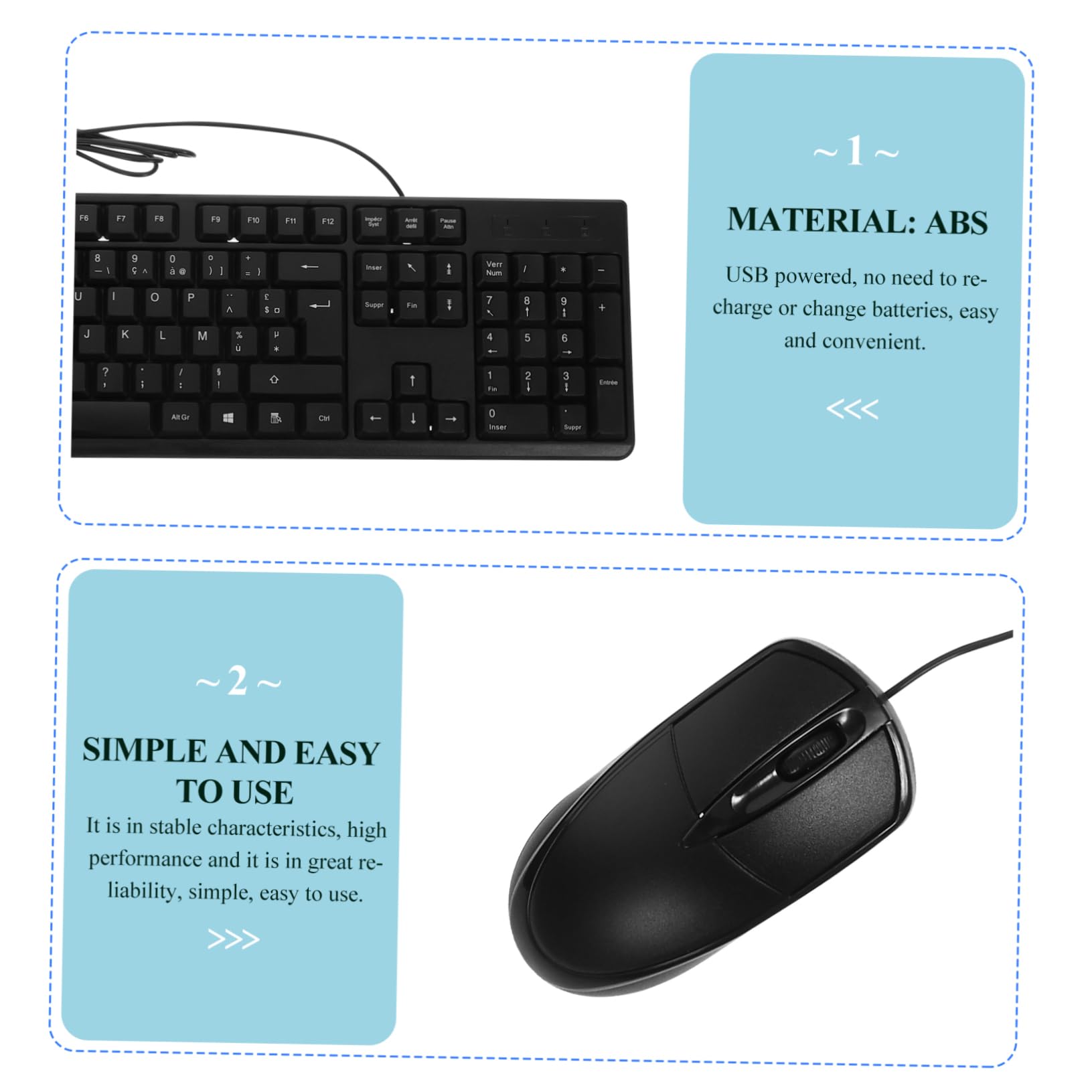 Gatuida Tastiera e Mouse Cablati Tastierino Numerico Abs 104 Tasti Nero per PC e Laptop Cavo USB e Massima Comfort