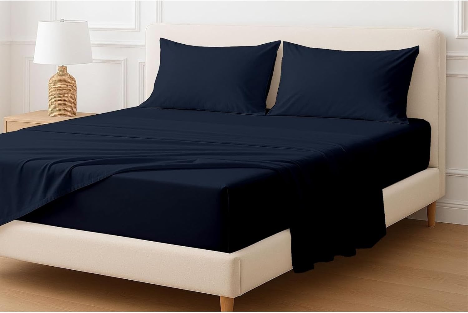 Extra Deep Sheets-Cotton Bed Sheets - 100% Cotton - 22 Inch Extra deep Pocket Fitted Sheet with Elastic All Around (4 Pcs Sheet Set) - (Navy Blue Solid - King Size)