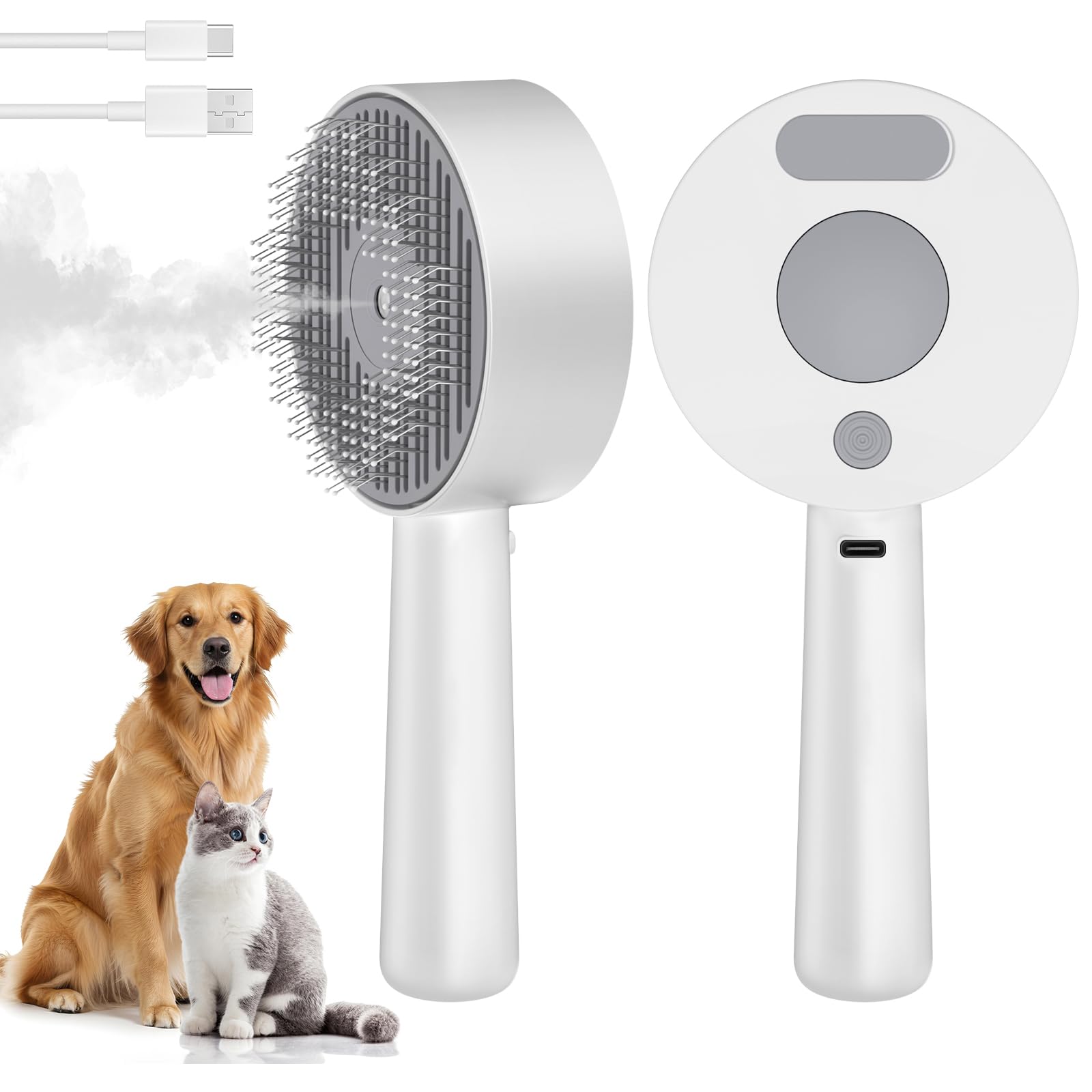 Cepillo para Gatos y Perros, Peine Pulverizador Multifuncional para Depósito de Agua, Cepillo para Animales Recargable por USB para Gatos, Perros y Conejos, Blanco
