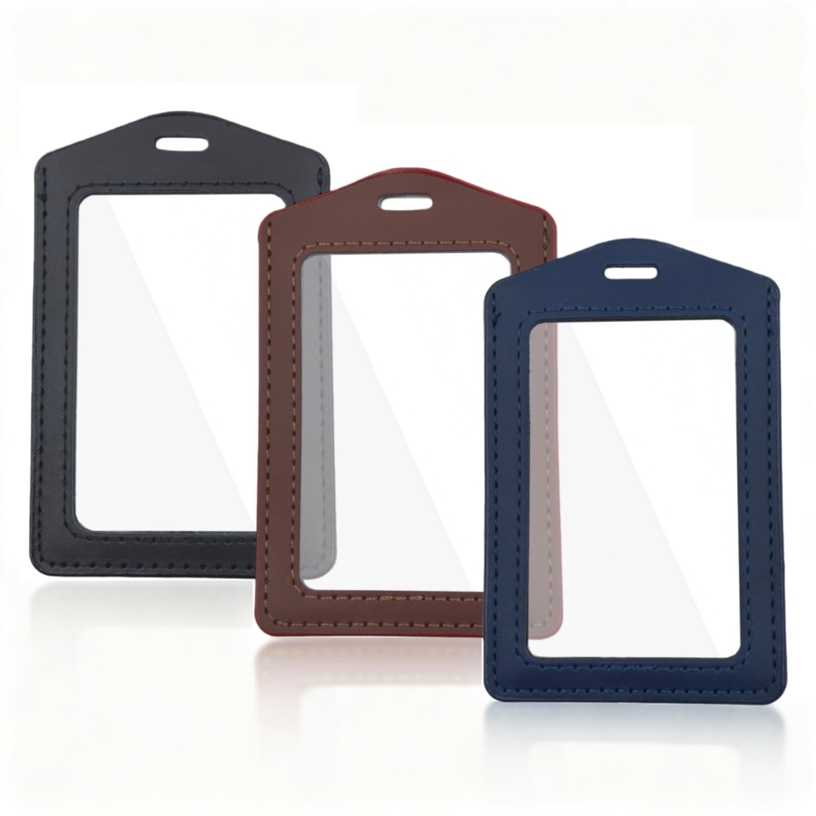 3 Pcs Genuine Leather ID Badge Holders, Vertical ID Card Holder Set, Dual-Sided Clear Window, Waterproof Name Tag Holder for Office Staff, Students, Employees (Black Brown Blue)