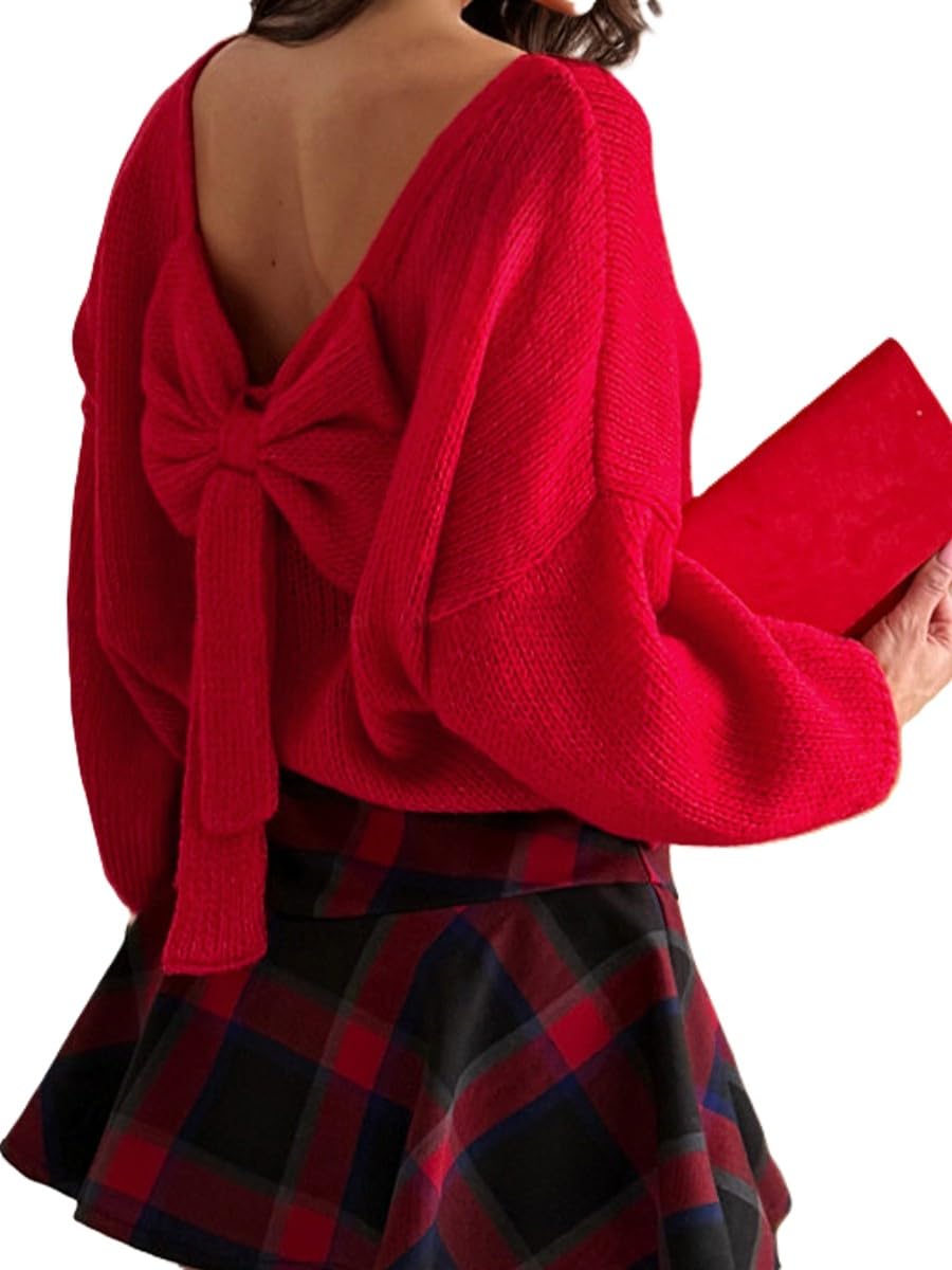 Bow Tie Backless Sweater for Women Fall Boat Neck Long Sleeve Sexy Open Back Sweater Holiday Ribbed Knit