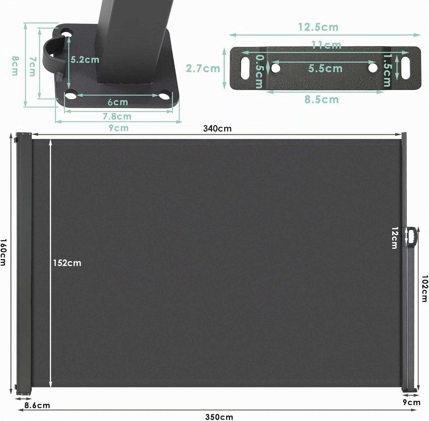 Store Latéral 160 x 350 cm (H x L),Auvent Latéral Extensible,Paravent Exterieur Retractable,Brise Vue Retractable,Coupe-Vent,Imperméable, Protection Solaire,Revêtement PU,pour Terrasse,Balcon,Gris