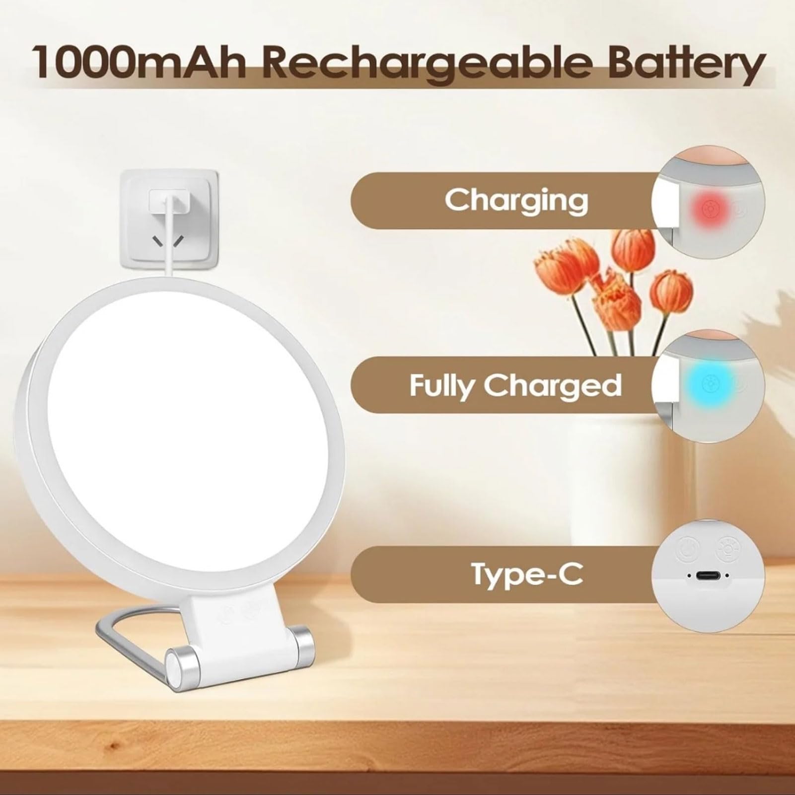 Espejo de Maquillaje con Aumento de 10x de Doble Cara con Luces LED, Control Táctil 3 Temperaturas de Color, Espejo de Tocador Inalámbrico Recargable para Montar en la Pared