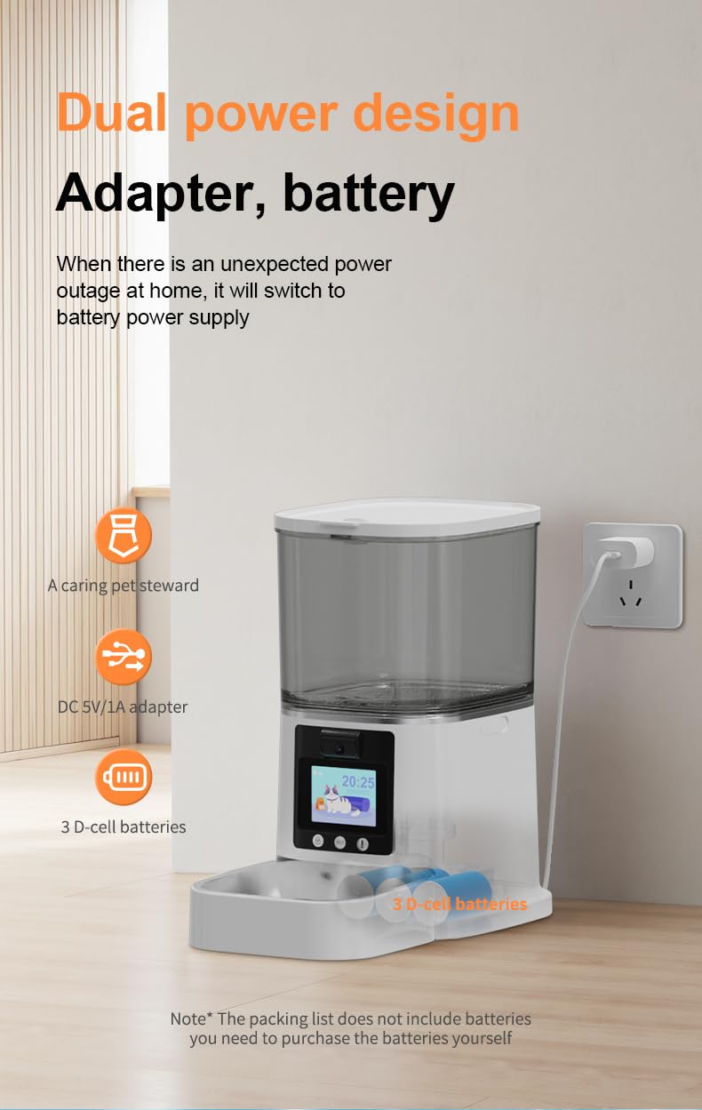 Wifi Smart HD Alimentatore automatico per animali domestici con fotocamera e visione notturna, audio a 2 vie, app e telecomando, 6L, doppia alimentazione, facile da pulire, display LCD, per cani e