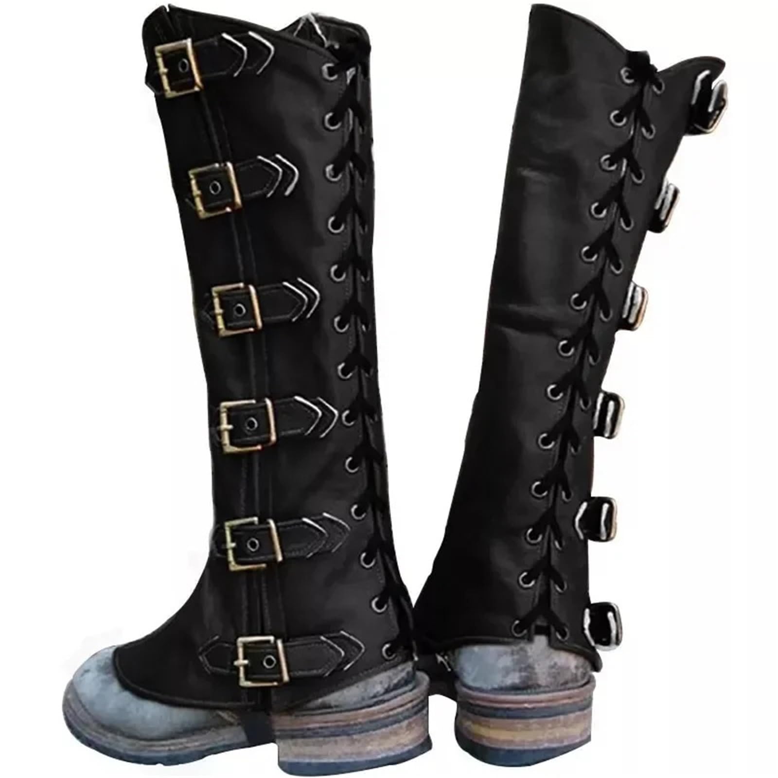 Beinschienen Mittelalter,Mittelalter Schuhe Mittelalterliche Ritter Leder Bein Rüstung Beinschienen Steampunk Stiefel Schuhe Abdeckung Gamasche for Männer Frauen(Black)