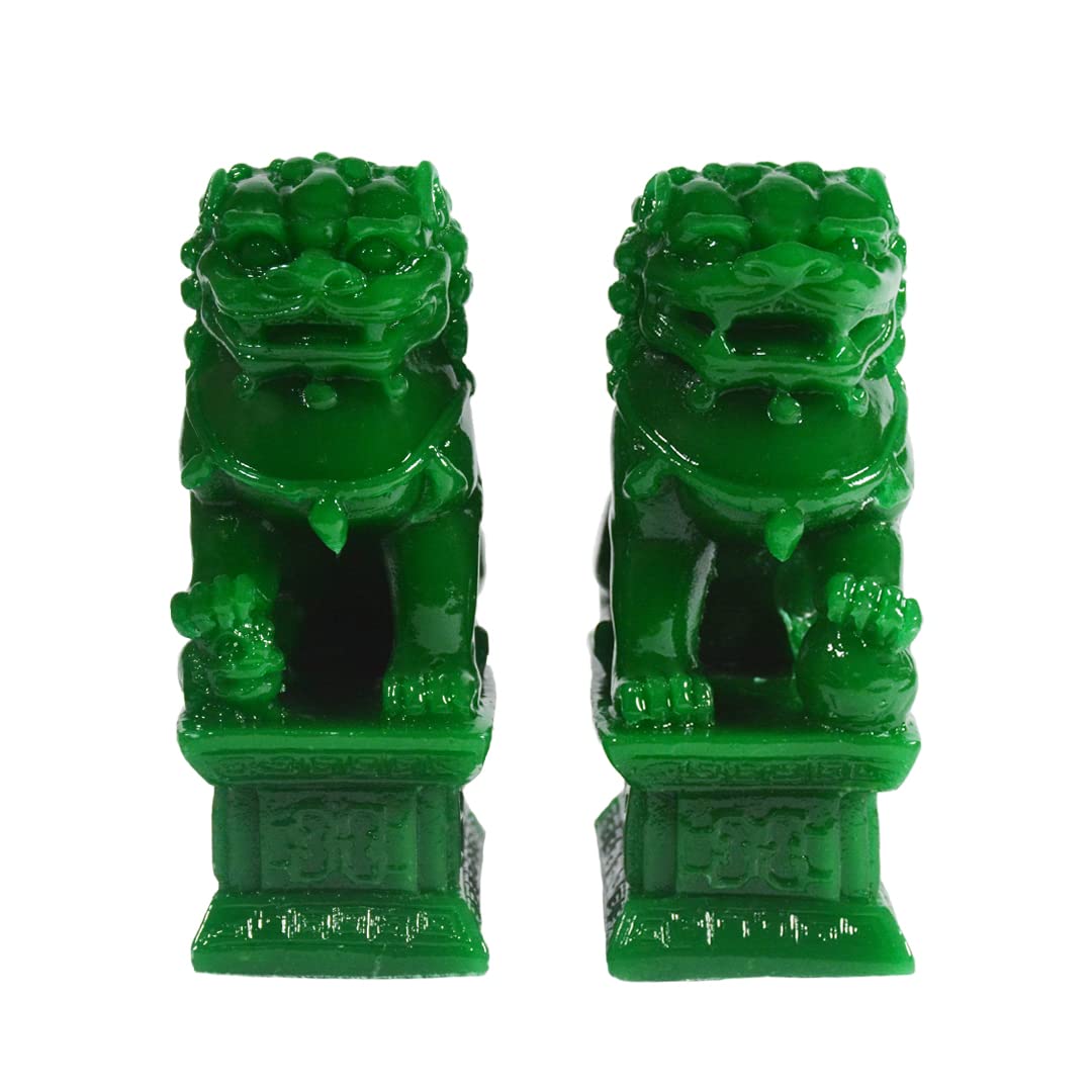 Beijing Foo Fu Dogs Guardian Lions Statues Feng Shui Wealth Protection Figurine Table Art Home Decor Gifts Collectible (Jade Green Color)
