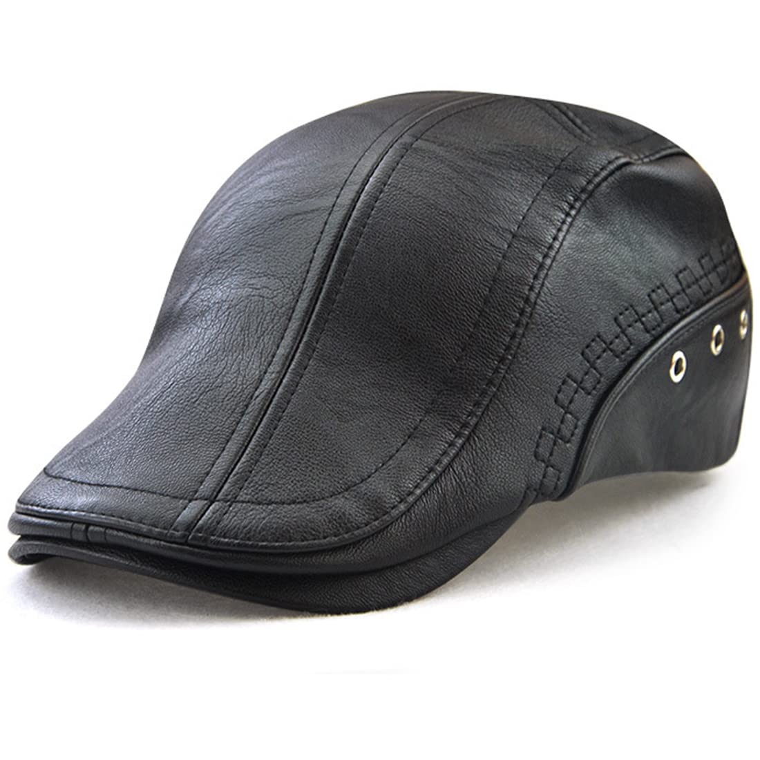 Kuyou Men's Gatsby Flat Cap PU Leather Flat Cap Ivy Peaked Cap - Black - One size