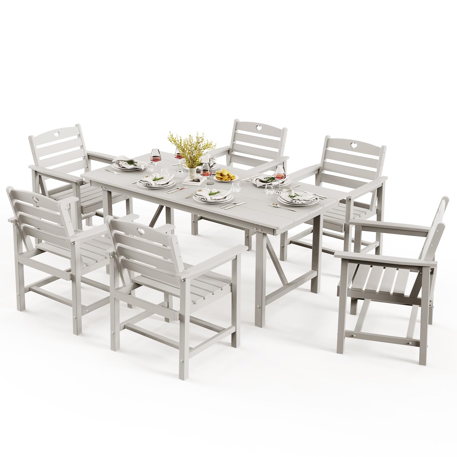 Orbcove Patio Table and Chairs Set with Umbrella Hole, HDPE Patio Dining Set for 6, Outdoor Dining Set for Lawn, Patio, Porch, Deck, Poolside, Yard (