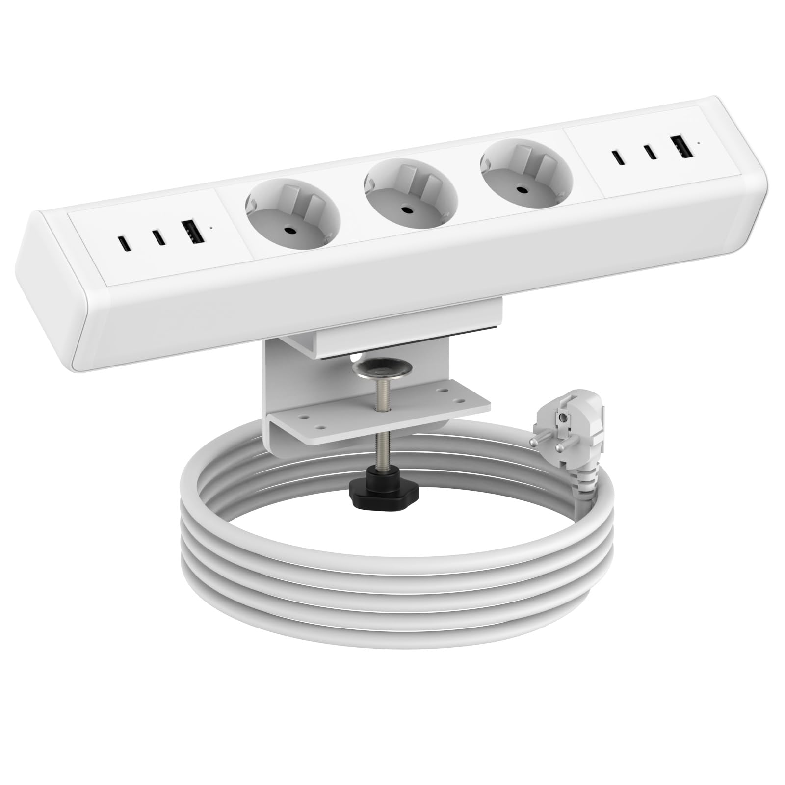 Tischsteckdose Klemmbar mit USB C, Haiaoyyds 3-Fach Schreibtisch Steckdosenleiste mit 6 USB Ports,1,8m Kabel, Steckdose Schreibtisch für Büro & Zuhause (Weiß)
