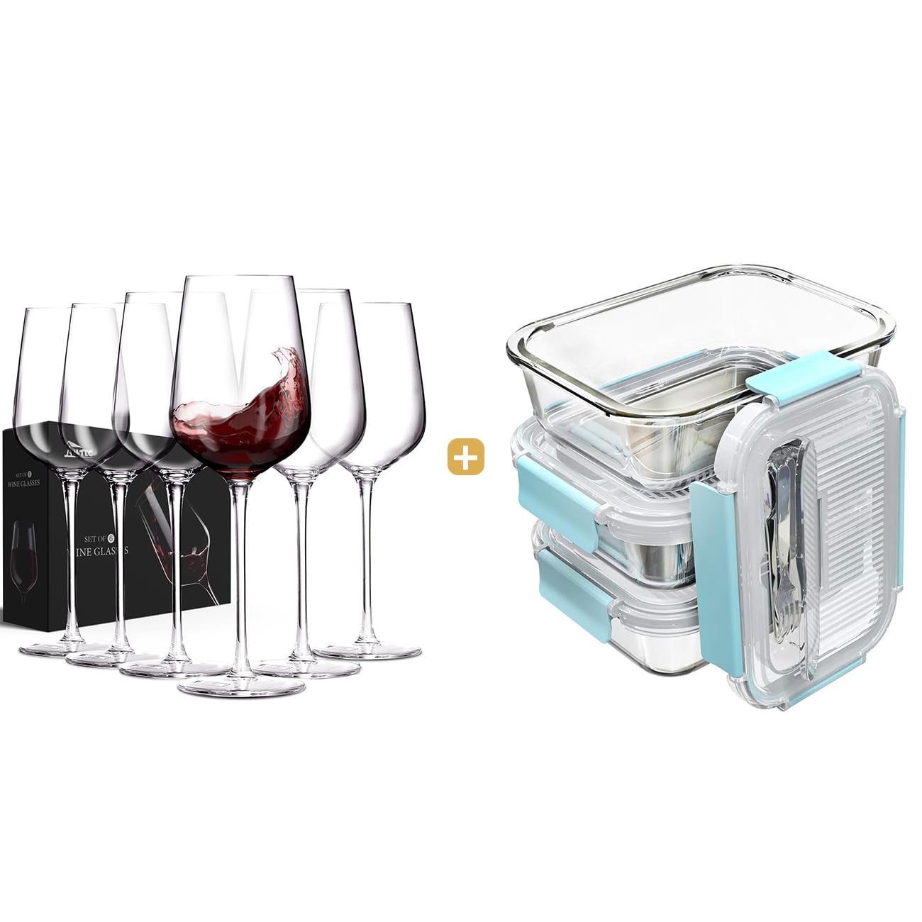 AILTECWine Glasses Set of 6 Crystal Glass with Stem for Drinking & 3 pack Glass Food Storage Containers with Locking Lids - Bento Box